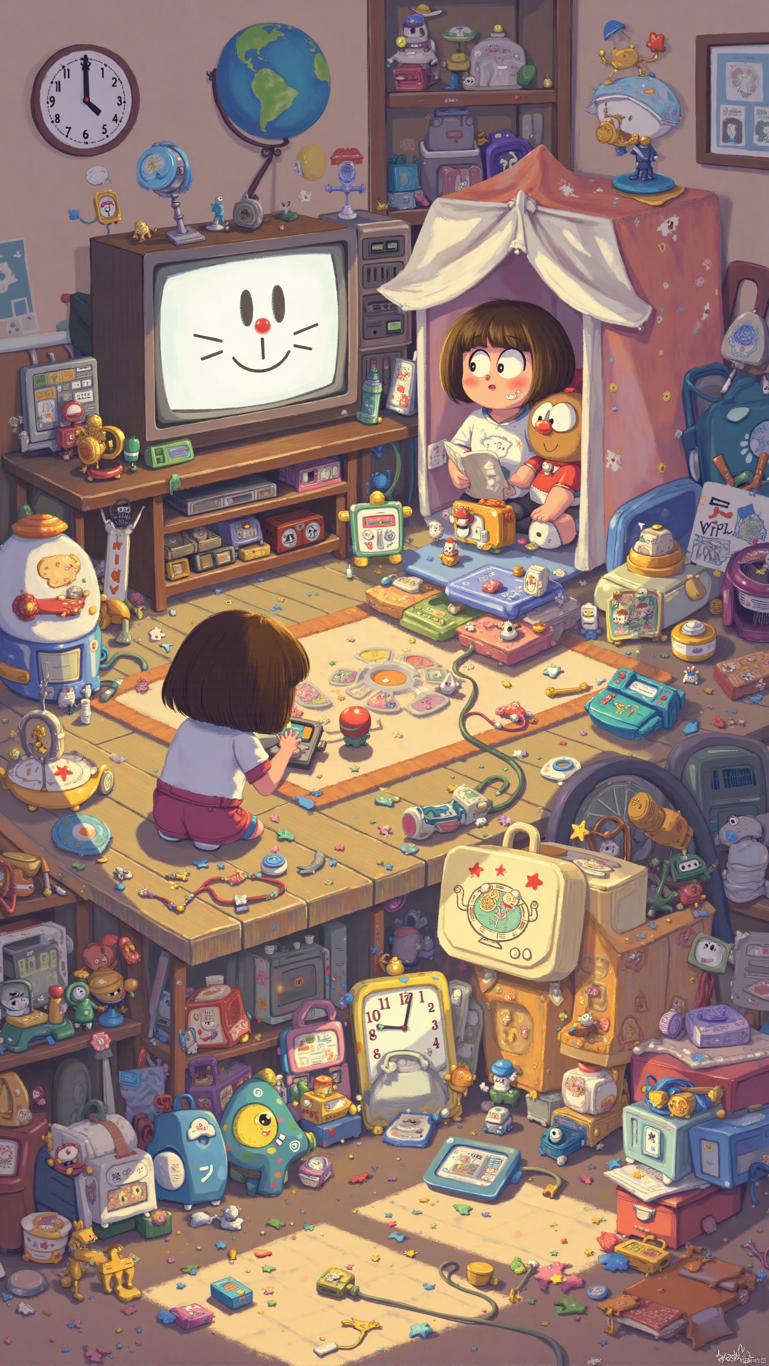 This vibrant, imaginative illustration features a cozy, cluttered room filled with a dynamic and colorful array of objects and characters, seemingly drawn from various animated worlds. In the center, there's an old-fashioned television displaying a white "Doraemon" face, a classic and beloved character from Japanese animation. To the right, another recognizable character, the iconic "Doraemon," is playfully peeking from behind a cloth-covered construct that resembles a makeshift fort. 

Surrounding the space are other animated figures; one directly above the TV resembles a miniature construction worker, while another in the upper right corner could be a depiction of a small, whimsical robot. The child at the forefront, with her hair styled in a bob, is intently focussed on a handheld game, oblivious to a playful character dressed in a potato costume beside her. Various objects like clocks, a globe, and electronic gadgets add to the whimsical chaos, creating a lively, adventurous atmosphere. 

The scene emits a warm, inviting glow, suggesting it could be set during a playful evening where imagination transforms the ordinary into a realm of endless possibilities and joy. The artwork masterfully blends elements of nostalgia with a touch of futuristic whimsy, engaging viewers of all ages in its charming tableau.