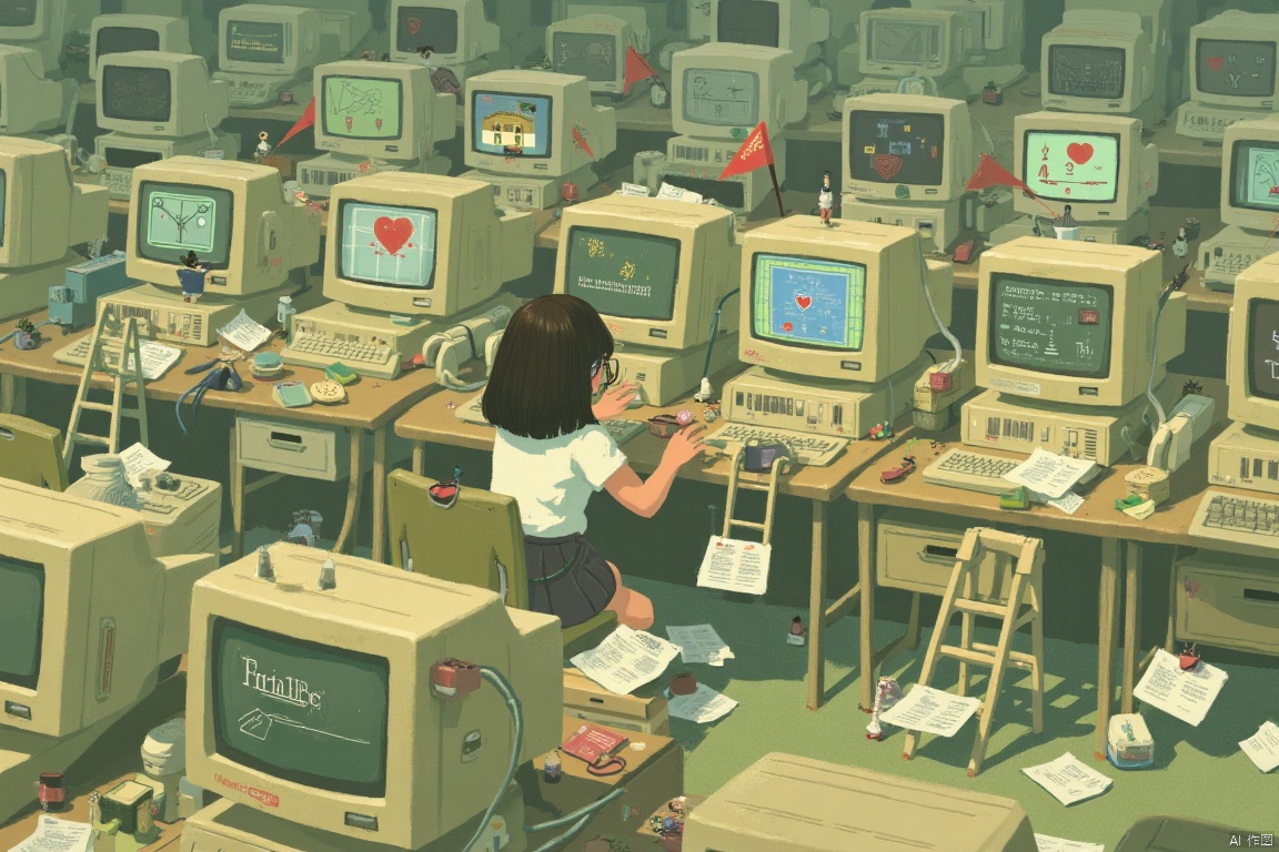 This illustrated image presents a whimsical and cluttered view of a technology-filled office. A young woman with straight black hair, wearing a white short-sleeve blouse and dark skirt, is seated amidst a vast array of bulky, retro-style computer monitors and old-fashioned office supplies.

Each monitor displays various interface screens; one shows a game with a house, another has mathematical graphs, while another reveals floating red hearts. Notably, the scene is equipped with whimsical elements like a physical red flag protruding from one of the computers and a tangibly small ladder leading up to another, fantasy-inspired details that add a playful tone to the workspace.

The environment is colored in muted greens and beige, emphasizing an old-school, perhaps early 90s office atmosphere. On the desks, scattered objects such as floppy disks, printouts, and coffee cups add to the chaotic, lived-in feel of the space. The overall ambience is that of a quirky, somewhat nostalgic look at office life, infused with an imaginative twist.