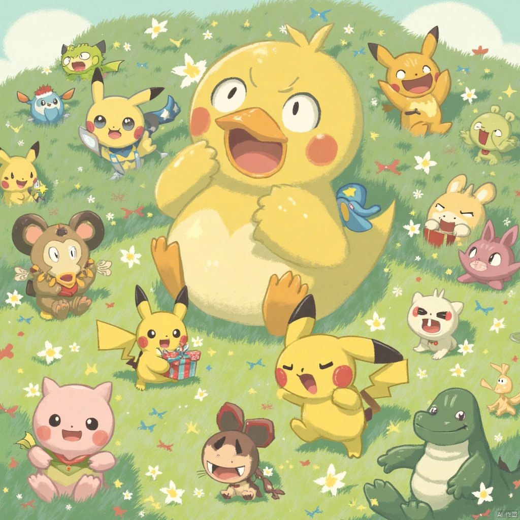 This colorful and vibrant image depicts a playful and whimsical scene filled with a variety of Pokémon characters. In the center of the image, a large Psyduck appears surprised, with its expressive eyes wide open and mouth agape. To its left, a joyful Pikachu is seen holding a gift, while another Pikachu smiles and waves from the right side of the image. Various other Pokémon characters are scattered throughout, including a playful Jigglypuff, a serious-looking Totodile, and a cheerful Meowth amongst others.

Each Pokémon has a unique expression and pose, adding a dynamic and lively feel to the scene. The background features a soft, green color palette that suggests a natural outdoor setting, possibly a field or garden. This setting serves as a whimsical gathering place for these beloved characters. The artistic style combines soft edges with bright, pastel tones to create a dreamlike and friendly atmosphere that captures the enchanting world of Pokémon. This image is a delightful celebration of the diverse personalities and joyous nature of Pokémon, appealing to fans of all ages.