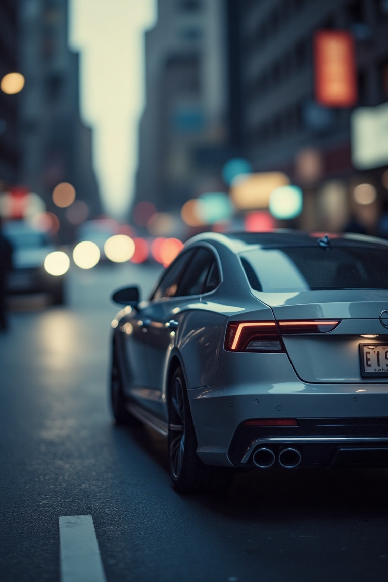 A low brightness effect photo capturing a car on a city street,  with a soft,  intimate tone. The car is sleek and modern...