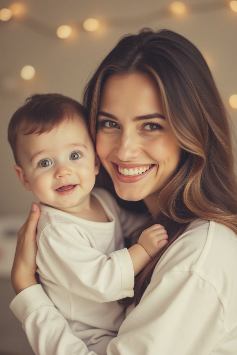 A soft warm color effect photo capturing a woman hugging her baby,  with a gentle,  intimate tone. The woman's happy smile...