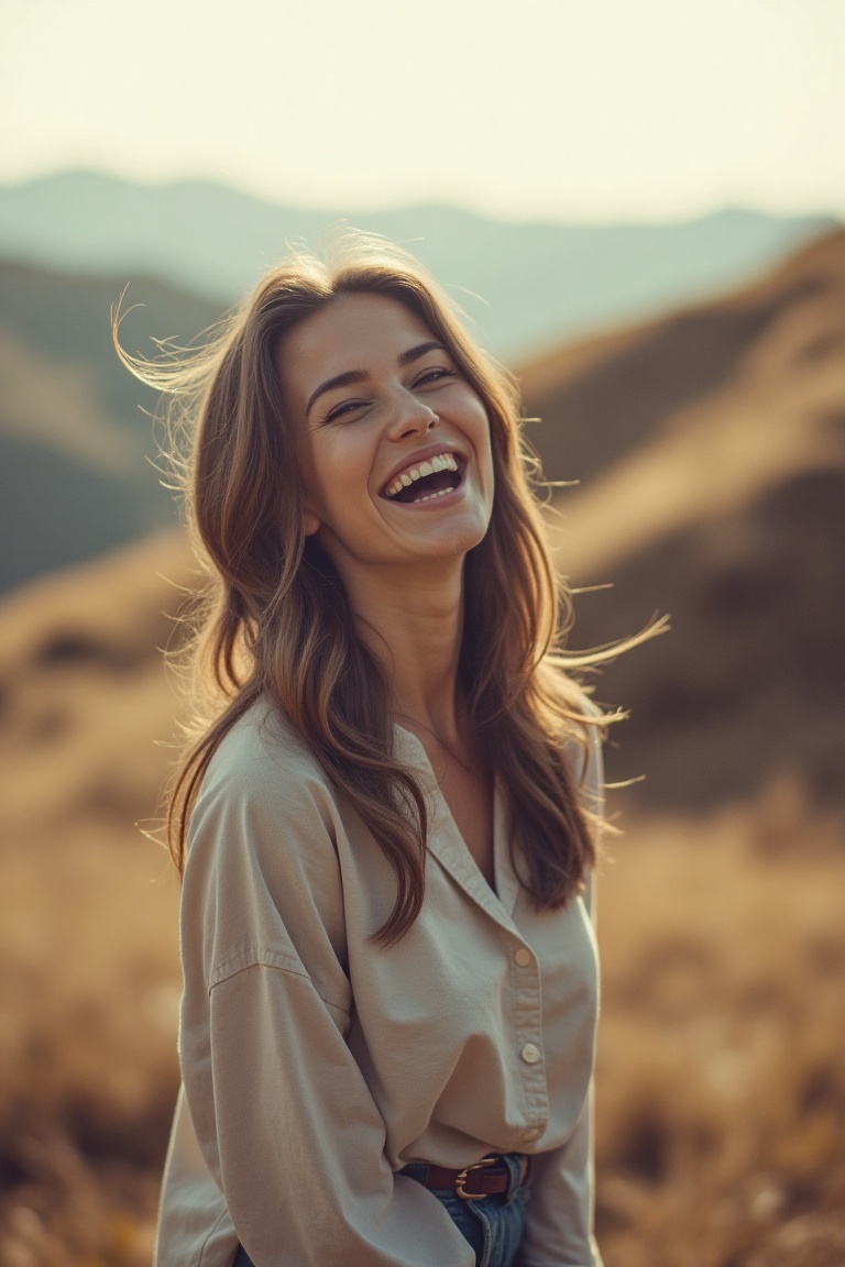 A freshly taken photo of a happy woman on a windy hill,  with a cozy color effect enhancing the warm,  nostalgic tone. The...
