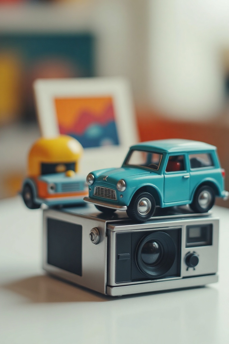 A freshly taken photo of cute car toys,  sticking out from a Polaroid camera with a vibrant backdrop. The toys are arrange...