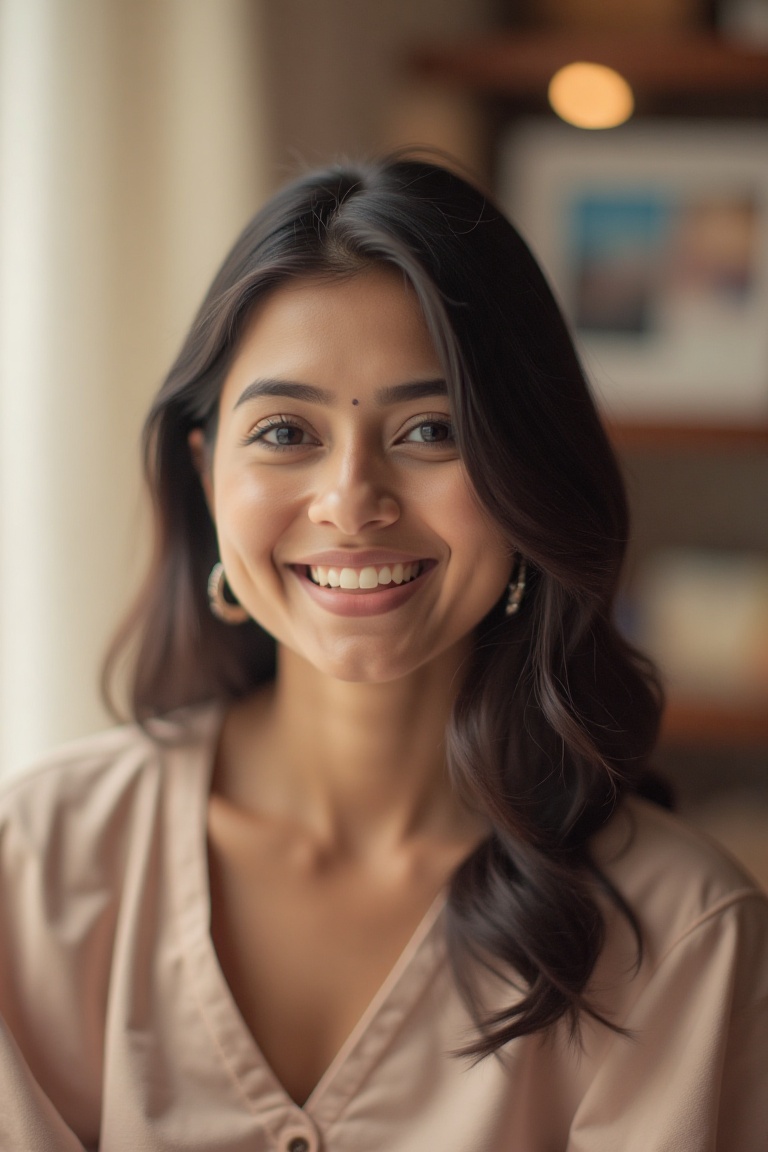 A soft color effect photo capturing an Indian woman,  with a gentle,  intimate tone. The woman's pretty smile radiates war...