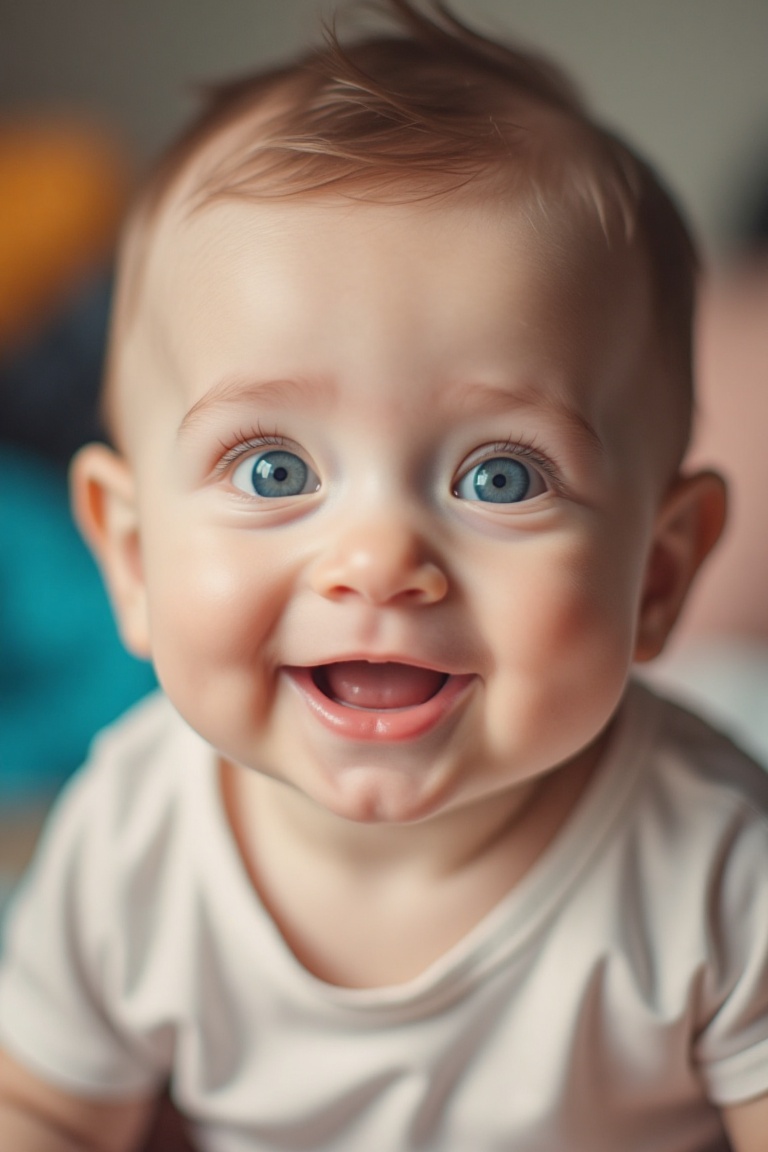 A freshly taken photo of a baby,  with a vibrant color effect enhancing the warm,  nostalgic tone. The baby is mid-smile o...