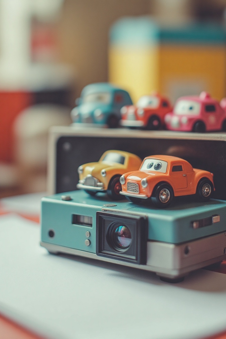A freshly taken photo of cute car toys,  sticking out from a Polaroid camera with a vibrant backdrop. The toys are arrange...