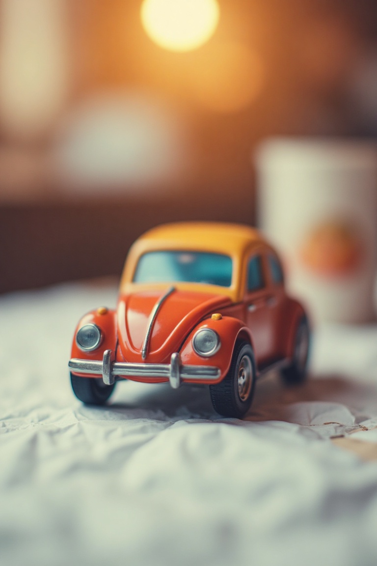 A soft warm color effect photo capturing a toy car on a table,  with a gentle,  intimate tone. The toy car is detailed and...