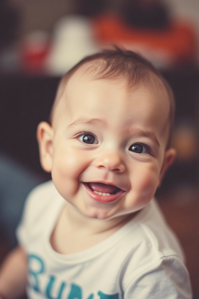 A freshly taken photo of a baby,  with a vibrant color effect enhancing the warm,  nostalgic tone. The baby is mid-smile o...