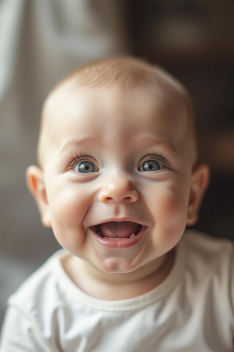 A low brightness effect photo capturing a baby,  mid-smile,  with a soft on Tensor.Art