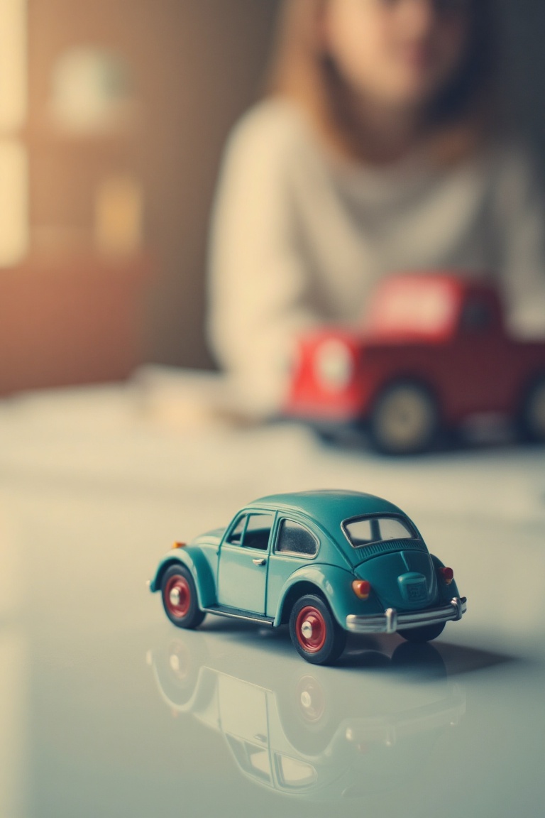 A soft warm color effect photo capturing a toy car on a table,  with a gentle,  intimate tone. The toy car is detailed and...