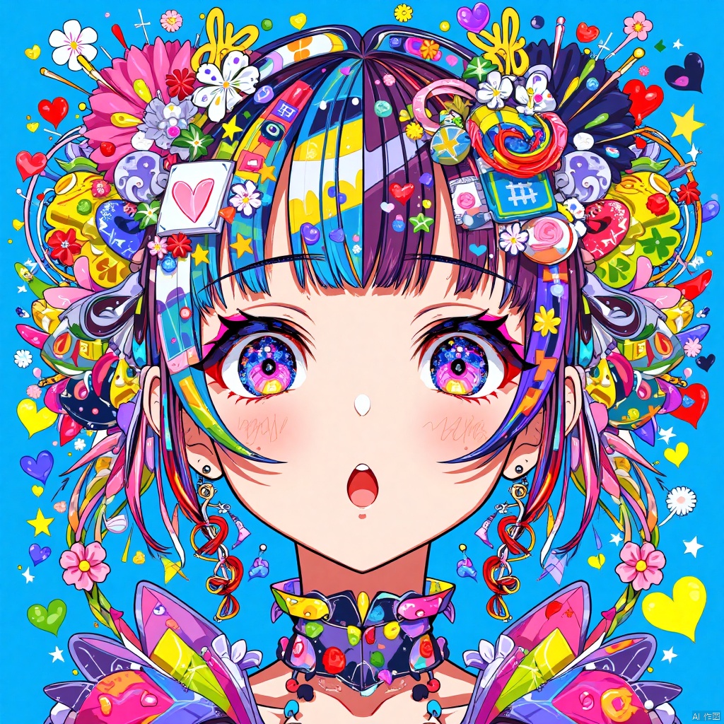 An eye-level perspective of a cartoon girl's face is depicted in a multi-colored, cartoon-like fashion. The girl's head is adorned with a colorful headdress, adorned with pink, white, blue, green, yellow, and red dots. Her eyes are adorned with blue, pink, and purple dots, adding a pop of color to the scene. The background is a deep, vibrant blue, creating a striking contrast to the girl's outfit.

This vibrant image features an animated character drawn in a highly dynamic and colorful pop art style. The character, likely female given the soft and round facial features, has large, expressive eyes filled with colorful patterns and reflections, conveying a sense of wonder. Her hair is adorned with an eclectic mix of objects and designs including geometric shapes, flowers, and abstract patterns, all exploding in a kaleidoscope of colors predominantly in shades of blue, pink, purple, red, and yellow. The backdrop and the character’s accessories are layered in complex arrays of textures and forms, creating a busy yet harmonious look. Elements like hearts, stars, and playful designs contribute to the youthful and whimsical feel of the image, while the use of bright, saturated colors against a light blue background enhances the visual impact of the character, making it pop. This artwork encapsulates a joyous, almost celebratory aesthetic, heavily influenced by contemporary digital art techniques and street art sensibilities. It could represent themes of creativity, expression, and the playful intersection of human emotions with digital art culture.