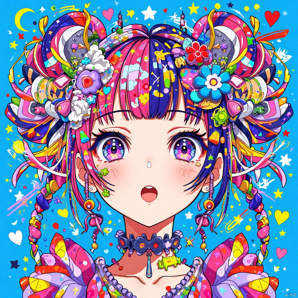 An eye-level perspective of a cartoon girl's face is depicted in a multi-colored, cartoon-like fashion. The girl's head is adorned with a colorful headdress, adorned with pink, white, blue, green, yellow, and red dots. Her eyes are adorned with blue, pink, and purple dots, adding a pop of color to the scene. The background is a deep, vibrant blue, creating a striking contrast to the girl's outfit.

This vibrant image features an animated character drawn in a highly dynamic and colorful pop art style. The character, likely female given the soft and round facial features, has large, expressive eyes filled with colorful patterns and reflections, conveying a sense of wonder. Her hair is adorned with an eclectic mix of objects and designs including geometric shapes, flowers, and abstract patterns, all exploding in a kaleidoscope of colors predominantly in shades of blue, pink, purple, red, and yellow. The backdrop and the character’s accessories are layered in complex arrays of textures and forms, creating a busy yet harmonious look. Elements like hearts, stars, and playful designs contribute to the youthful and whimsical feel of the image, while the use of bright, saturated colors against a light blue background enhances the visual impact of the character, making it pop. This artwork encapsulates a joyous, almost celebratory aesthetic, heavily influenced by contemporary digital art techniques and street art sensibilities. It could represent themes of creativity, expression, and the playful intersection of human emotions with digital art culture.