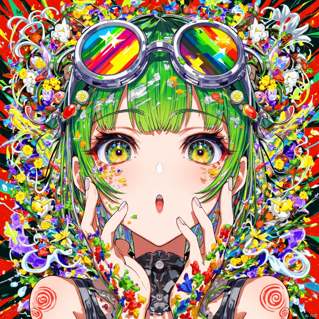 This is a vibrant, colorful digital illustration depicting a young woman with a fantastical, almost surreal appearance. She has large, expressive eyes with a mix of yellow and green irises, giving her an otherworldly gaze. Her hair is styled in a messy, tousled manner, with bright green highlights. She wears round, futuristic goggles with a rainbow-colored pattern on them, perched atop her head. Her skin is fair and smooth, with a slight blush on her cheeks. 

The background is a chaotic mix of vivid colors, including red, green, blue, yellow, and purple, creating a kaleidoscopic effect. She is surrounded by abstract, swirling shapes and floral elements, adding a whimsical and dreamlike quality to the image. Her hands, which are adorned with colorful, intricate designs, are placed near her mouth, as if she's about to speak or is surprised by something. She wears a sleeveless top, with a hint of a strap visible, but the focus is primarily on her face and the surrounding colorful chaos. The overall style is reminiscent of contemporary anime, with a strong emphasis on bright, eye-catching colors and surreal imagery.