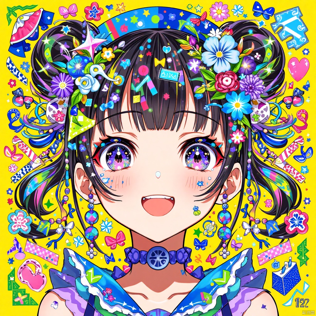 An eye-level perspective of a cartoon girl with a smile on her face is depicted in a vibrant yellow background. The girl's face is adorned with blue, pink, purple, and white polka dots. Her eyes are wide open, and her eyelashes are long and pointy. Her hair is tied up in a ponytail, and she is wearing a colorful hat with a blue ribbon around her head. Her dress is adorned in a variety of colors, including blue, green, and pink. She has a bow in her hair, adding a pop of color to the scene.

This image is a vibrant and colorful illustration of a character from Japanese pop culture, bursting with a kaleidoscope of bright yellows, blues, pinks, and greens. The character, a young female, displays a joyful expression with wide, sparkling eyes embellished with intricate, colorful reflections and a cheerful smile. Her hair is adorned with an eclectic assortment of decorations: flowers, butterflies, ribbons, beads, and various abstract shapes, creating a dynamic and playful mosaic that seems to burst forth from the image. The background and elements around her head feature a mix of geometric and organic shapes, with noticeable motifs like hearts and musical notes, contributing to the overall theme of exuberance and creativity. The style of the artwork is reminiscent of modern digital art techniques, utilizing a mix of flat colors and detailed patterns that give it a very energetic and youthful vibe. This character could be associated with genres like anime or vocaloid culture, where such imaginative and expressive designs are celebrated.