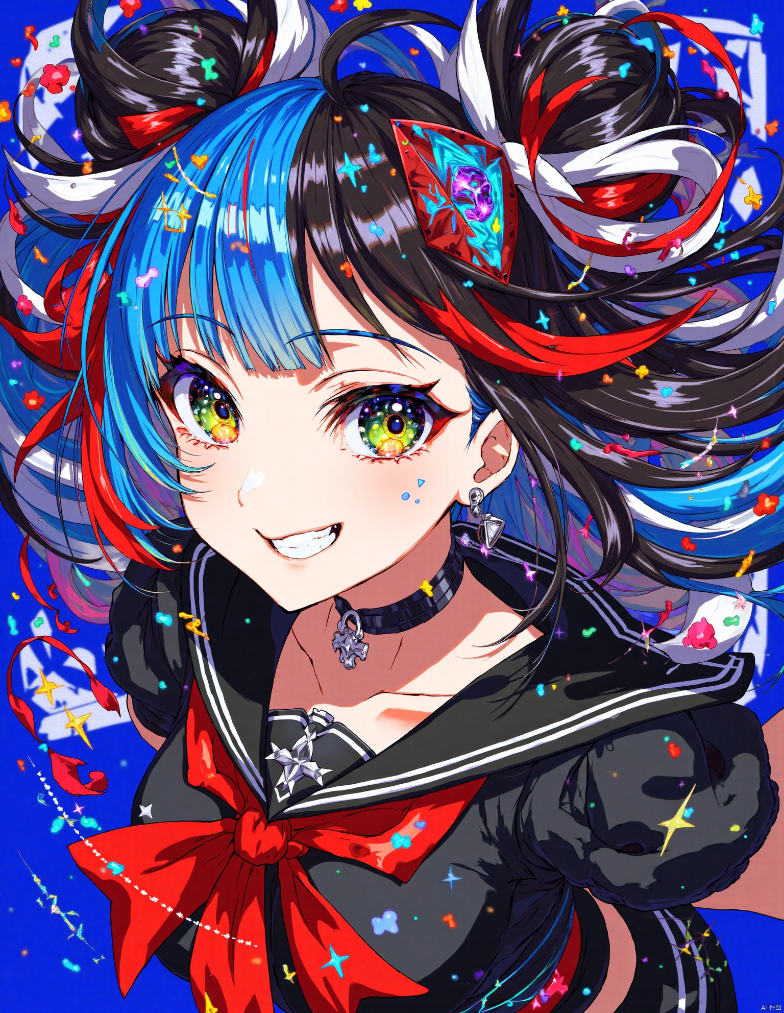 An animated image of an anime girl with long dark hair and a bow on her head. The girl's eyes are glowing with blue, green, yellow, and purple. She is wearing a black and red outfit with a silver necklace around her neck. Her bow is tied in a red ribbon. The background is a vibrant blue color.

This vibrant image features a character with an anime-style design, showcasing a visually striking and colorful aesthetic. The character, a youthful girl, has bright, multicolored hair predominantly in hues of blue, red, and black, styled with a dynamic, flowing motion that adds a feeling of energy. Her eyes are particularly notable, containing a kaleidoscopic array of colors that resemble vibrant stained glass patterns, which contribute to her expressive and cheerful demeanor. Her attire is equally bold and detailed. She wears a contemporary outfit that combines elements of gothic and futuristic design, highlighted by a prominent red bow around her collar and several layered neckpieces, including a choker. The top is primarily black with accents of red and blue, echoing the color scheme of her hair. Additionally, her right ear shows a small, simple earring. The background and the character's hair and clothing blend seamlessly in a blur of similar colors, creating a sense of motion and activity. The overall composition of the image is dynamic, with a focus on vivid colors and graphic contrasts that capture attention and give the character a lively, energetic look.