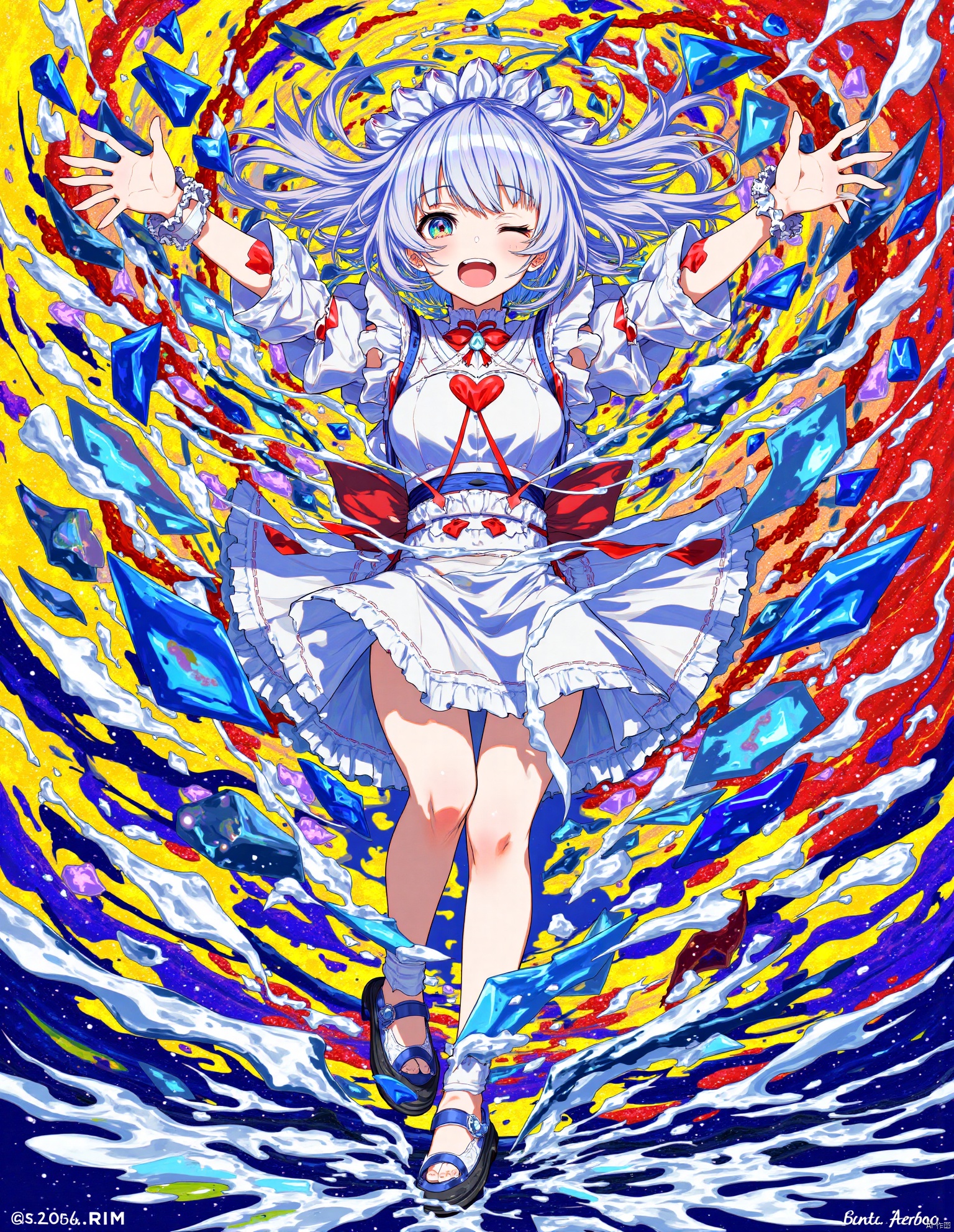 An abstract painting of a woman in a white dress with a red heart on her chest. The woman has long white hair that is tied up in a ponytail. Her eyes are blue and her hair is flowing in the wind. Her dress is white with red and blue accents. Her arms are outstretched and her head is tilted slightly to the side. The background is a mix of yellow, blue, red, and purple colors.

This is a vividly colorful, dynamic image of the anime character Rem from the series "Re:Zero - Starting Life in Another World." The artwork is intensely energetic, featuring Rem in a dynamic, twisted pose with her body and facial expressions conveying a sense of pain or transformation. Her traditional maid outfit is fragmented and transforming into abstract, sharp shapes in varying shades of blue, which bleed away as though being stripped or shattered by a forceful energy. Rem's eyes are closed, and her mouth is open as if she's screaming, contributing to the dramatic intensity of the scene. Her short blue hair swirls around in a chaotic manner, merging with the whirls of vivid yellows, reds, and blue colors that dominate the background. The image uses a mix of flat colors and intricate line details, creating a surreal, almost dreamlike effect. Abstract elements that resemble crystalline shards or glass in various shades of blue also dominate the artwork, which adds to the feeling of explosion or disintegration. The color palette is high contrast, rich with saturated hues, enhancing the emotional impact and the surreal, otherworldly quality of the depiction.