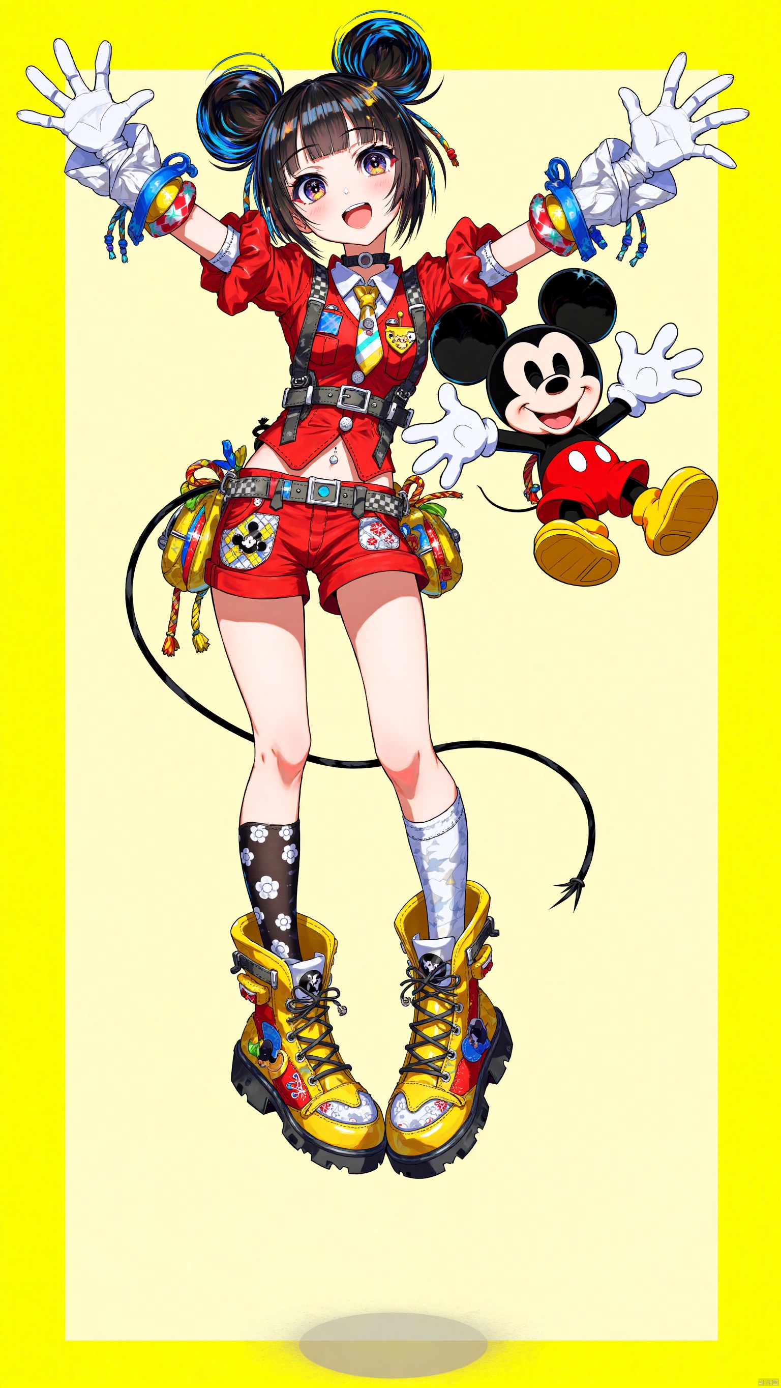 This vibrant image depicts a youthful, animated character dressed in a striking, colorful outfit inspired by Disney iconography. The character has large, expressive eyes and sports two buns made of black hair decorated with blue, black, and yellow swirl-patterned hairstyle accessories that resemble Mickey Mouse's silhouette. Her costume integrates classic Disney elements, featuring a primarily red outfit with accents and patches colored in yellows, blues, and whites. Her multi-colored bow, and parts of her outfit feature a playful assortment of colors and patterns including plaids and floral mixes. 

She adopts a dynamic pose, leaping joyfully with one hand extended upwards, fingers splayed, and the other holding a traditional, cheerful Mickey Mouse plush. Mickey Mouse, appearing jubilant, matches her liveliness and mimics her pose with wide eyes and an open smile. The character's shorts showcase a utility look with ropes and buckles, enhancing the adventurous vibe.

Her footwear is heavily stylized, incorporating motifs of Mickey Mouse within the design, notable in the oversized, colorful high-top boots with Mickey Mouse face-shaped clasps. The entire ensemble casts a clear nod to Disney's playful and imaginative influence, targeted at appealing to both fans of vibrant pop culture fashion and Disney enthusiasts.
