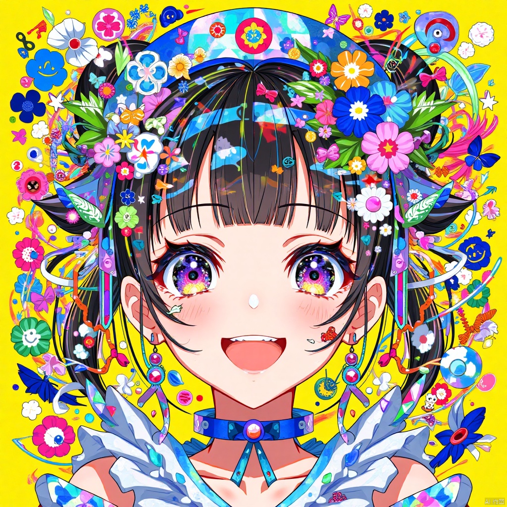 An eye-level perspective of a cartoon girl with a smile on her face is depicted in a vibrant yellow background. The girl's face is adorned with blue, pink, purple, and white polka dots. Her eyes are wide open, and her eyelashes are long and pointy. Her hair is tied up in a ponytail, and she is wearing a colorful hat with a blue ribbon around her head. Her dress is adorned in a variety of colors, including blue, green, and pink. She has a bow in her hair, adding a pop of color to the scene.

This image is a vibrant and colorful illustration of a character from Japanese pop culture, bursting with a kaleidoscope of bright yellows, blues, pinks, and greens. The character, a young female, displays a joyful expression with wide, sparkling eyes embellished with intricate, colorful reflections and a cheerful smile. Her hair is adorned with an eclectic assortment of decorations: flowers, butterflies, ribbons, beads, and various abstract shapes, creating a dynamic and playful mosaic that seems to burst forth from the image. The background and elements around her head feature a mix of geometric and organic shapes, with noticeable motifs like hearts and musical notes, contributing to the overall theme of exuberance and creativity. The style of the artwork is reminiscent of modern digital art techniques, utilizing a mix of flat colors and detailed patterns that give it a very energetic and youthful vibe. This character could be associated with genres like anime or vocaloid culture, where such imaginative and expressive designs are celebrated.