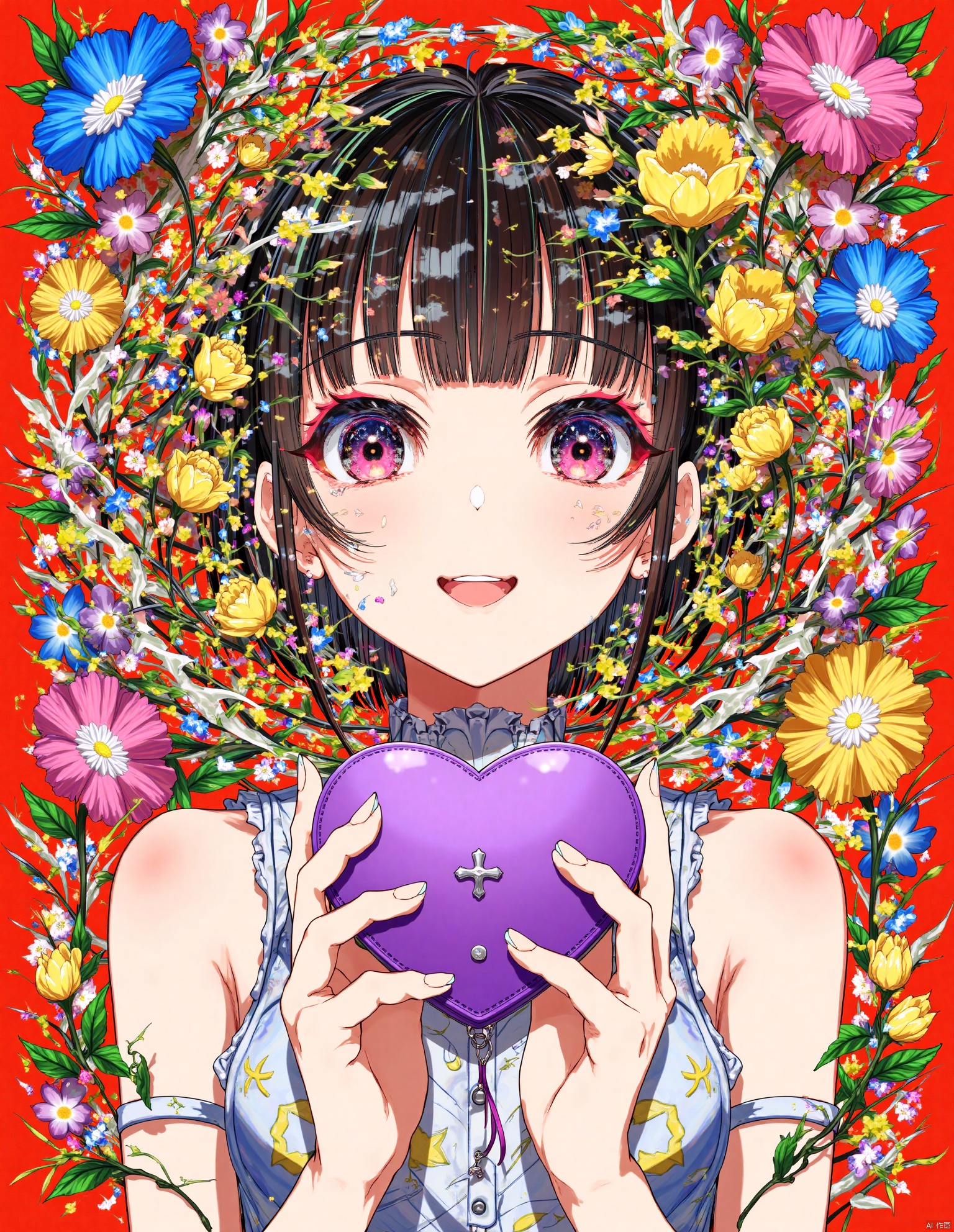 This is a vibrant digital illustration featuring a young woman with a playful and expressive demeanor. The image is rendered in a bright, colorful, and energetic style typical of anime and manga art. The woman has medium-length, straight black hair with bangs, and her large, almond-shaped eyes are a striking pink hue, accentuating her youthful appearance. She is holding a small, heart-shaped purple purse in front of her chest, with a metallic cross emblem on it. Her skin is fair, and she has a slight blush on her cheeks, adding to her innocent and lively expression. Surrounding her are numerous colorful flowers in full bloom, with petals in shades of pink, blue, yellow, and green, creating a rich, floral backdrop. The flowers are depicted in a dynamic, almost chaotic manner, with their stems and leaves intertwining and overlapping each other. The background is a solid, vivid red, enhancing the vibrant and lively feel of the artwork. The woman's attire is minimalistic, with a sleeveless top that appears to be a part of her skin tone, blending seamlessly with her fair complexion. The overall composition is dynamic, with a mix of organic elements and vivid colors, creating a visually striking and engaging illustration.