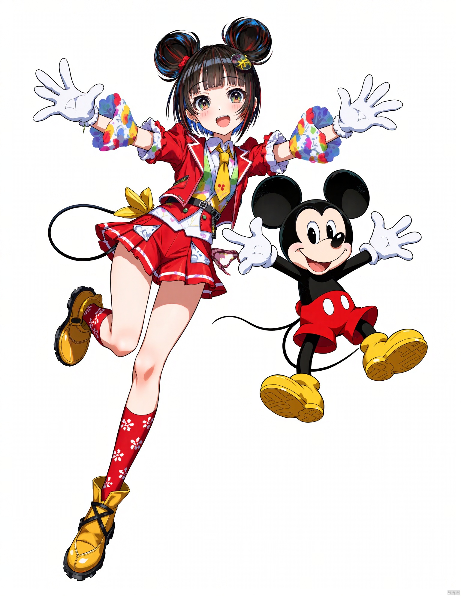 The image is a vibrant and colorful illustration featuring a stylized, youthful female character in a dynamic pose, accompanied by a playful rendition of Mickey Mouse from Disney. The girl appears to be in mid-motion, with an expression of excitement and her fingers extended in a 'peace' sign.

She is dressed in a unique costume that seems to blend traditional Japanese school uniform elements with a whimsical, contemporary fashion, drawing heavily on the iconic Mickey Mouse color palette and motifs. Her outfit includes a short red jacket with yellow accents, a multi-colored shirt underneath, and a matching red pleated skirt. Notably, her accessories and the pattern on her outfit incorporate Mickey Mouse themes, such as her bow-tie, playful Mickey Mouse-shaped hair buns, and chic gloves.

Both her knee-high boots and the pattern on her leggings are adorned with mouse ear silhouettes and other Disney-inspired symbols, reinforcing the theme. Mickey Mouse, rendered in his classic form with exaggerated hands and feet, mirrors her joyful expression and appears to be mid-leap as well.

The art style is reminiscent of modern anime with its large, expressive eyes and detailed, vibrant coloration, making the characters stand out dramatically against the simple white background. This energetic composition successfully merges the charm of Disney with anime aesthetics.