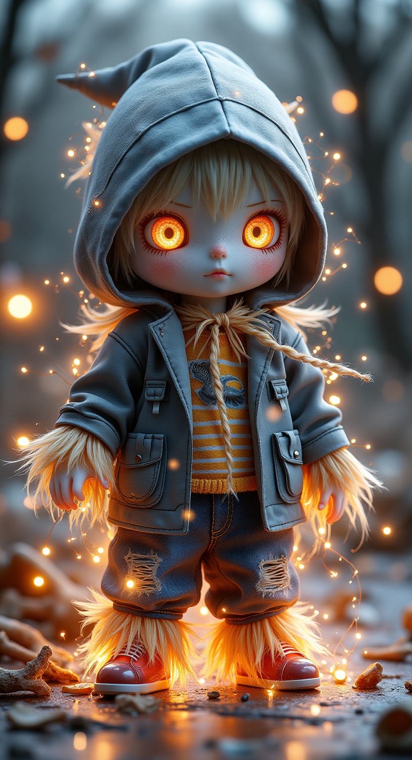 We generate images of kawaii chibi characters of zany scarecrows with a horror fantasy theme. Images must be highly intric...