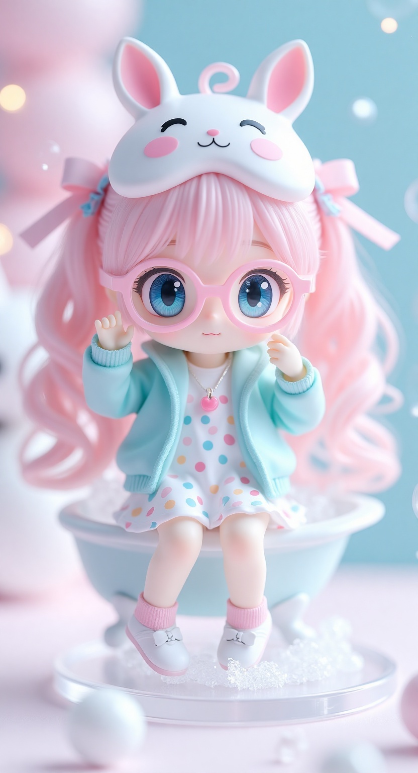 3D figure,  Cute anime-style chibi figure,  a girl with long flowing colorful Candy hair on Tensor.Art