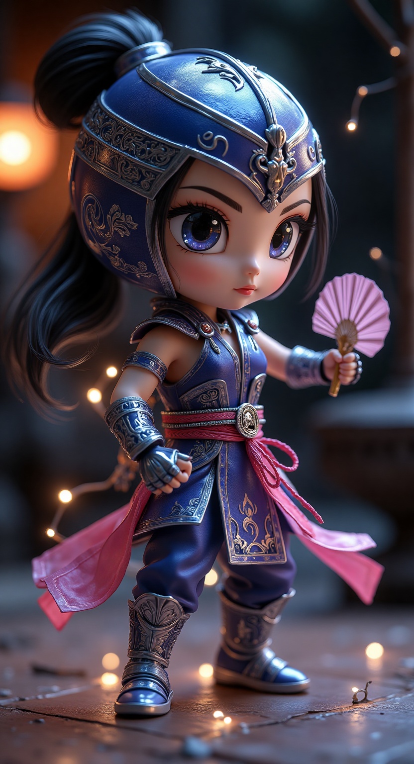 Princess Kitana chibi style,  big oversized head,  half face mask full body shoot on Tensor.Art