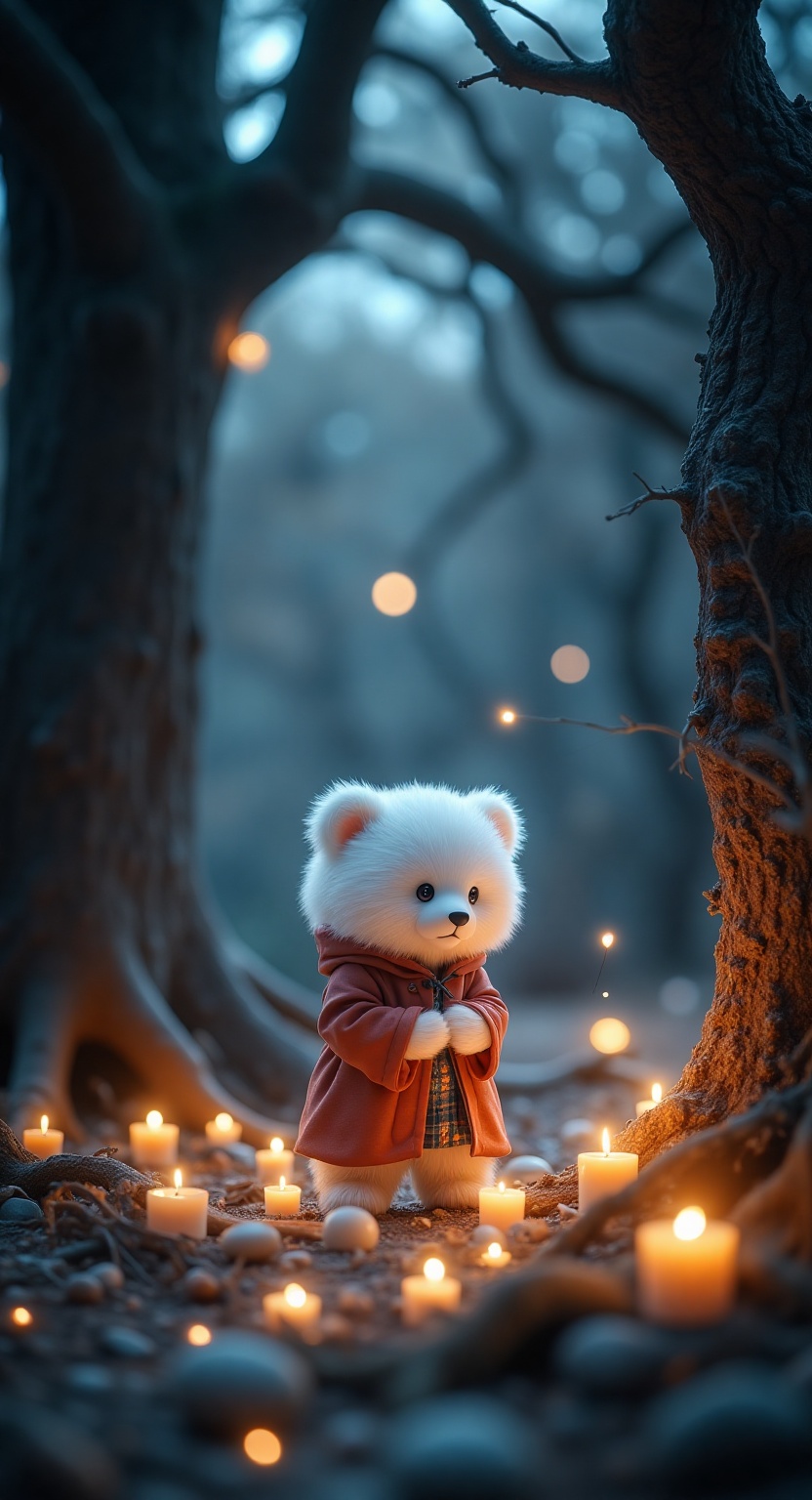 A whimsical scene unfolds in a mystical forest setting: a chibi bear donning a heretic's cloak,  its fur a soft,  fluffy w...