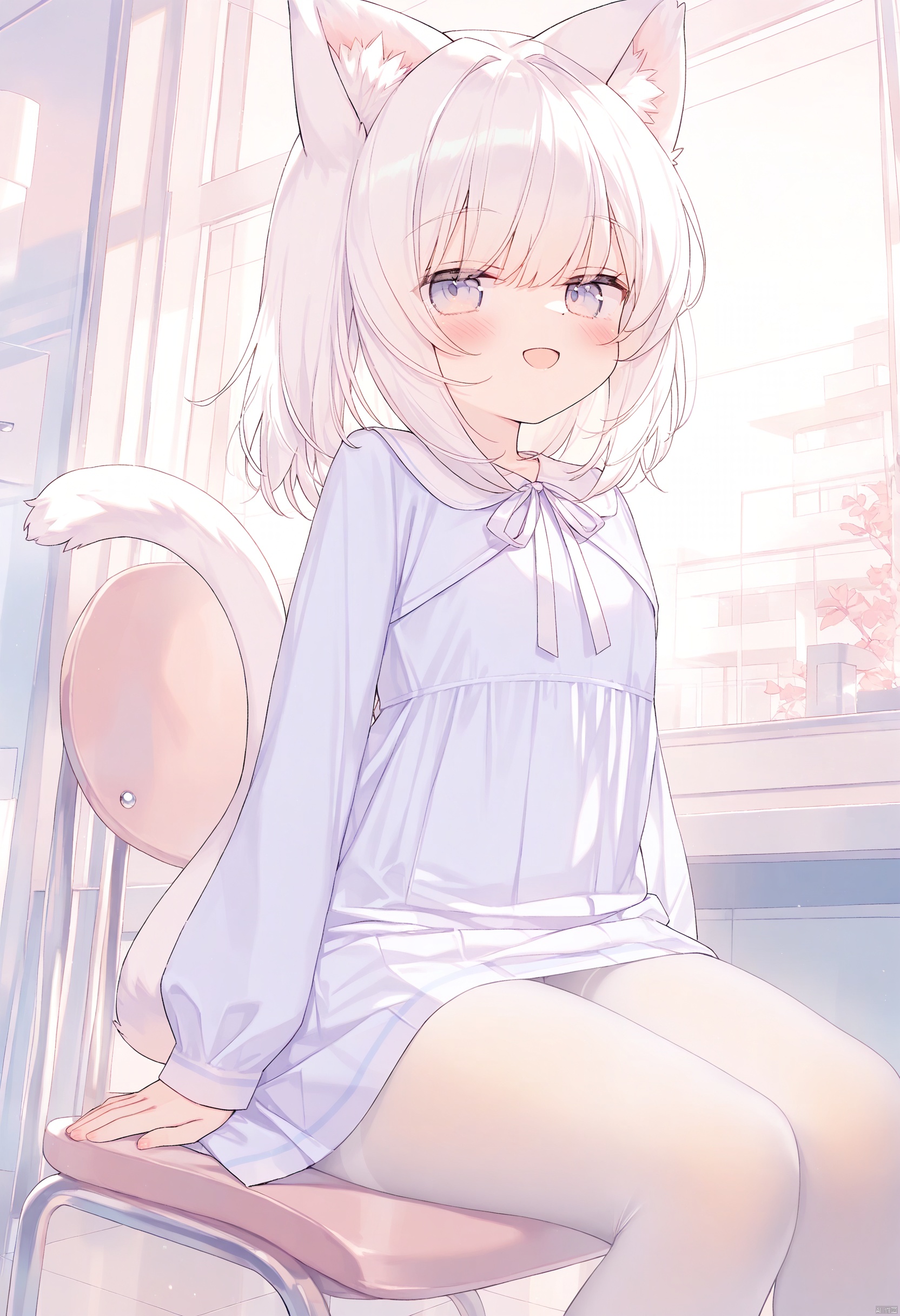 chen_bin, masterpiece, best quality, 1girl, white hair, animal ears, tail, white pantyhose, long-sleeve dress, smiling with a gentle expression, sitting on a chair, soft pastel colors, warm atmosphere, cute, furry
