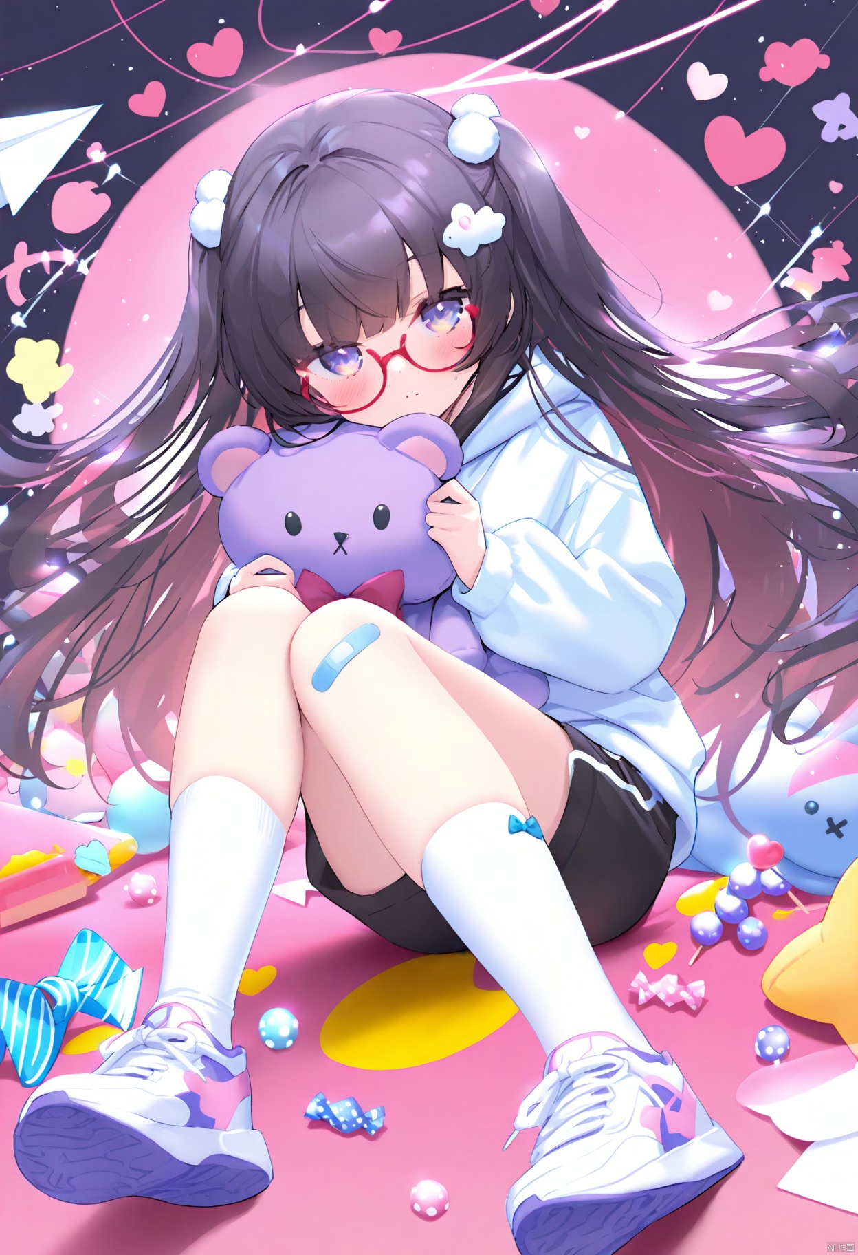 masterpiece,best quality,high quality,(colorful),chen_bin,1girl, solo, long hair, shirt, black hair, hair ornament, long sleeves, holding, very long hair, jacket, full body, heart, food, shoes, glasses, shorts, socks, hood, two side up, kneehighs, hoodie, floating hair, stuffed toy, white footwear, stuffed animal, white socks, sneakers, candy, bandaid, red-framed eyewear, teddy bear, envelope, paper airplane