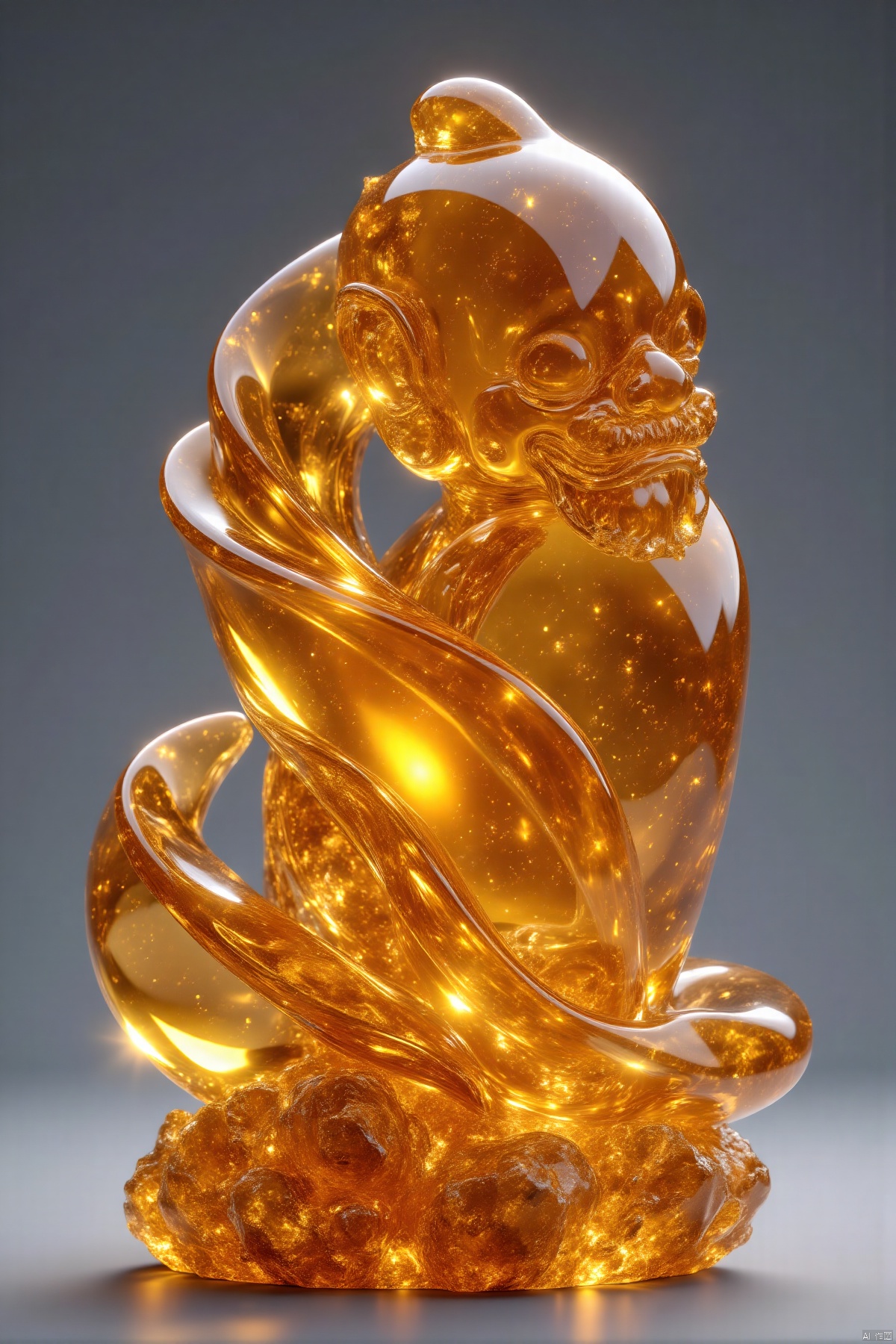 hupo,transparent amber sculpture,Chinese immortals,creative,grey background,(best quality,4k,8k,highres,masterpiece:1.2),ultra-detailed,(realistic,photorealistic,photo-realistic:1.37),perfect golden ratio,extreme detail description,professional,studio lighting,rich warm tones,precious gemstone,smooth surface,crystal clear,deep orange color,brilliant shine,reflections,glowing,macro view,close-up,detailed texture,highlights,shiny surface,gleaming,sparkling,light passing through,golden glow,delicate details,ethereal,beautifully illuminated,precise craftsmanship,meticulous detailing,unblemished clarity,pristine condition,exquisite beauty,gorgeous,mesmerizing,attractive,appealing,vivid colors,bokeh
