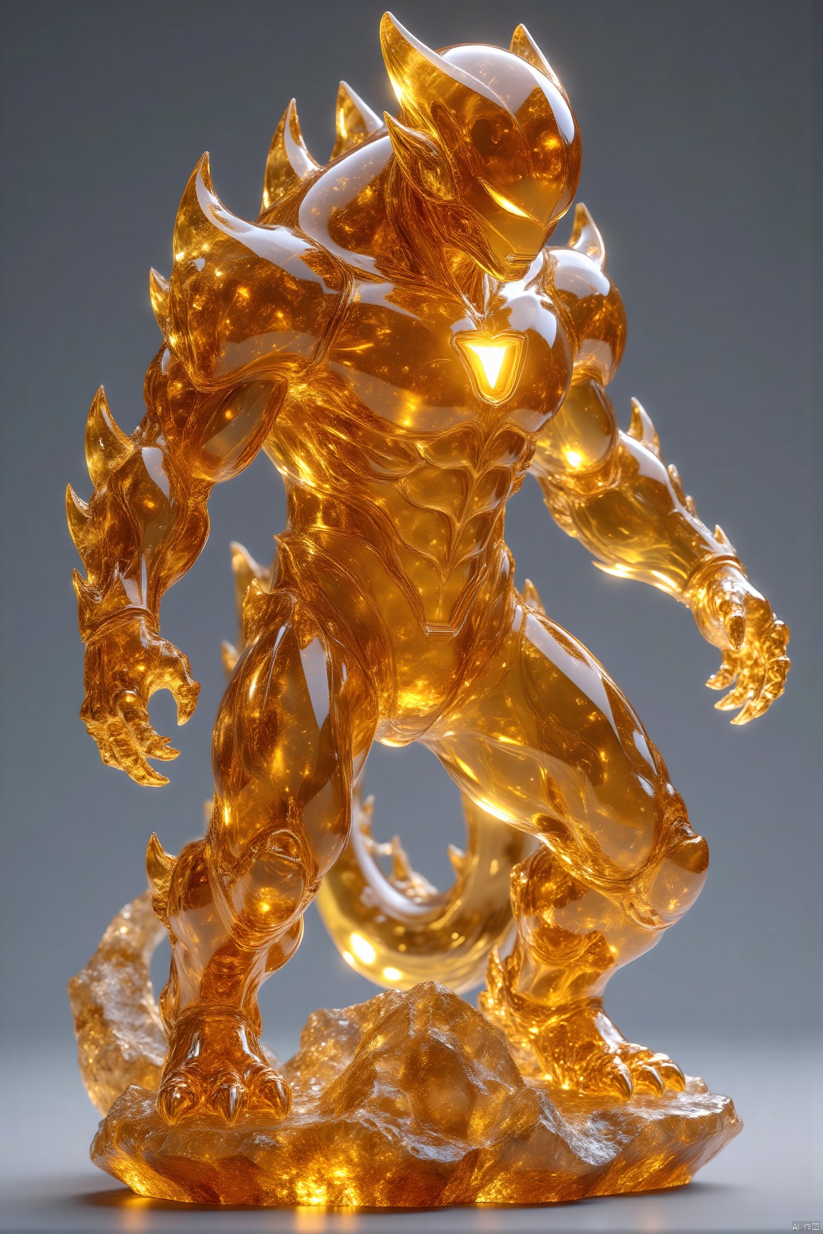hupo,transparent amber sculpture,Ultraman Monster,creative,grey background,(best quality,4k,8k,highres,masterpiece:1.2),ultra-detailed,(realistic,photorealistic,photo-realistic:1.37),perfect golden ratio,extreme detail description,professional,studio lighting,rich warm tones,precious gemstone,smooth surface,crystal clear,deep orange color,brilliant shine,reflections,glowing,macro view,close-up,detailed texture,highlights,shiny surface,gleaming,sparkling,light passing through,golden glow,delicate details,ethereal,beautifully illuminated,precise craftsmanship,meticulous detailing,unblemished clarity,pristine condition,exquisite beauty,gorgeous,mesmerizing,attractive,appealing,vivid colors,bokeh