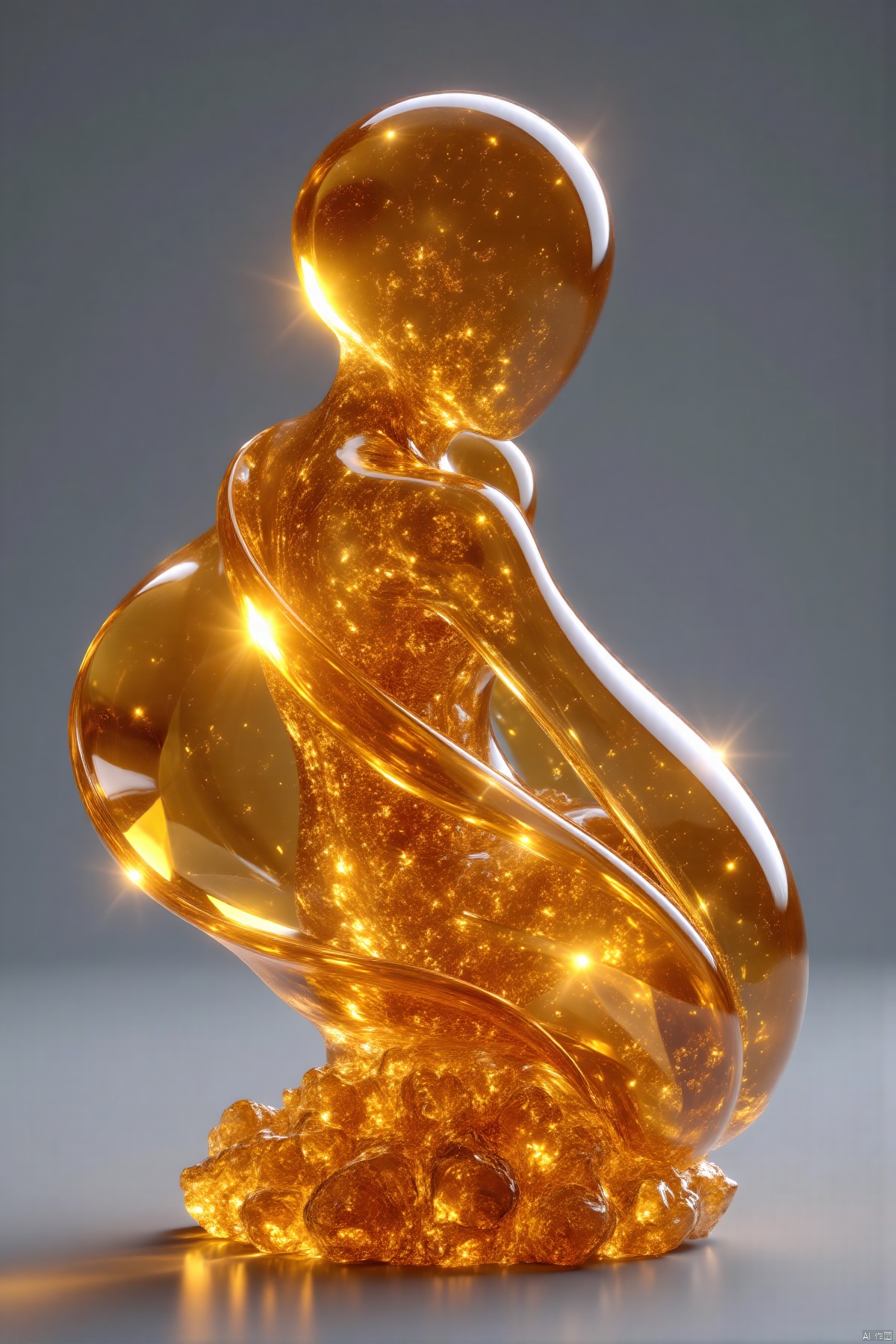hupo,transparent amber sculpture,human,creative,grey background,(best quality,4k,8k,highres,masterpiece:1.2),ultra-detailed,(realistic,photorealistic,photo-realistic:1.37),perfect golden ratio,extreme detail description,professional,studio lighting,rich warm tones,precious gemstone,smooth surface,crystal clear,deep orange color,brilliant shine,reflections,glowing,macro view,close-up,detailed texture,highlights,shiny surface,gleaming,sparkling,light passing through,golden glow,delicate details,ethereal,beautifully illuminated,precise craftsmanship,meticulous detailing,unblemished clarity,pristine condition,exquisite beauty,gorgeous,mesmerizing,attractive,appealing,vivid colors,bokeh
