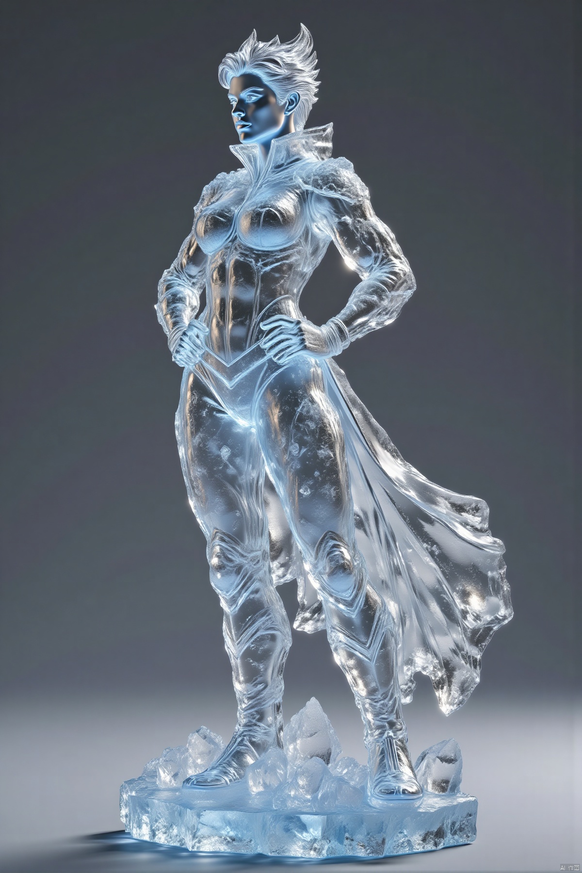 bingdiao,(best quality,4k,8k,highres,masterpiece:1.2),ultra-detailed,(realistic,photorealistic,photo-realistic:1.37),ice and crystal statue,Selina Kyle figurine,stands ground,gray background,cape flows,hands on hips,face turned side,looking off-frame,shiny surface,frosty texture,detailed cape,defined muscles,serious expression,strong jawline,beautiful detailed eyes,beautiful detailed lips,extremely detailed eyes and face,long eyelashes,crystal clear details,sharp focus,studio lighting,physically-based rendering,extreme detail description,professional,vivid colors,cool tones,soft shadows,highlighted edges,ice sculpture,crystal art,heroic pose,comic book style,modern art,sculpture,translucent,glittering,reflections,icy atmosphere,subtle gradients,high contrast,smooth transitions
