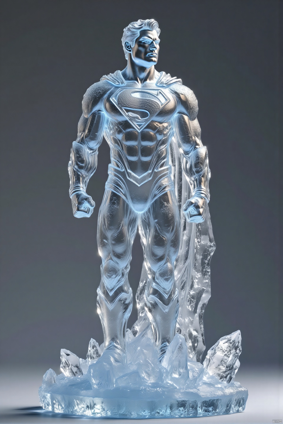 bingdiao,(best quality,4k,8k,highres,masterpiece:1.2),ultra-detailed,(realistic,photorealistic,photo-realistic:1.37),ice and crystal statue,superman figurine,stands ground,gray background,cape flows,hands on hips,face turned side,looking off-frame,shiny surface,frosty texture,detailed cape,defined muscles,serious expression,strong jawline,beautiful detailed eyes,beautiful detailed lips,extremely detailed eyes and face,long eyelashes,crystal clear details,sharp focus,studio lighting,physically-based rendering,extreme detail description,professional,vivid colors,cool tones,soft shadows,highlighted edges,ice sculpture,crystal art,heroic pose,comic book style,modern art,sculpture,translucent,glittering,reflections,icy atmosphere,subtle gradients,high contrast,smooth transitions
