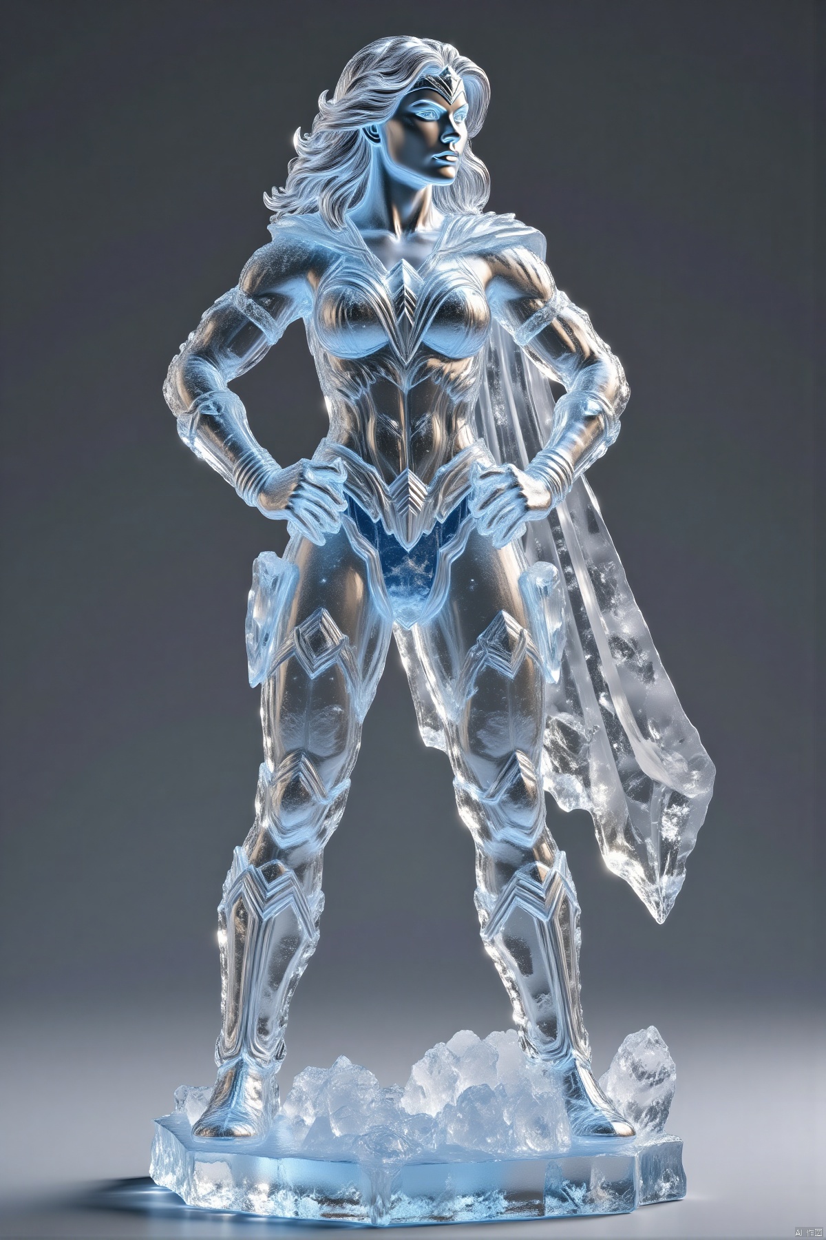 bingdiao,(best quality,4k,8k,highres,masterpiece:1.2),ultra-detailed,(realistic,photorealistic,photo-realistic:1.37),ice and crystal statue,Wonder Woman figurine,stands ground,gray background,cape flows,hands on hips,face turned side,looking off-frame,shiny surface,frosty texture,detailed cape,defined muscles,serious expression,strong jawline,beautiful detailed eyes,beautiful detailed lips,extremely detailed eyes and face,long eyelashes,crystal clear details,sharp focus,studio lighting,physically-based rendering,extreme detail description,professional,vivid colors,cool tones,soft shadows,highlighted edges,ice sculpture,crystal art,heroic pose,comic book style,modern art,sculpture,translucent,glittering,reflections,icy atmosphere,subtle gradients,high contrast,smooth transitions
