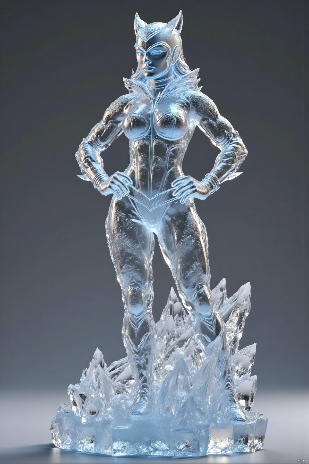 bingdiao,(best quality,4k,8k,highres,masterpiece:1.2),ultra-detailed,(realistic,photorealistic,photo-realistic:1.37),ice and crystal statue,Catwoman figurine,stands ground,gray background,cape flows,hands on hips,face turned side,looking off-frame,shiny surface,frosty texture,detailed cape,defined muscles,serious expression,strong jawline,beautiful detailed eyes,beautiful detailed lips,extremely detailed eyes and face,long eyelashes,crystal clear details,sharp focus,studio lighting,physically-based rendering,extreme detail description,professional,vivid colors,cool tones,soft shadows,highlighted edges,ice sculpture,crystal art,heroic pose,comic book style,modern art,sculpture,translucent,glittering,reflections,icy atmosphere,subtle gradients,high contrast,smooth transitions