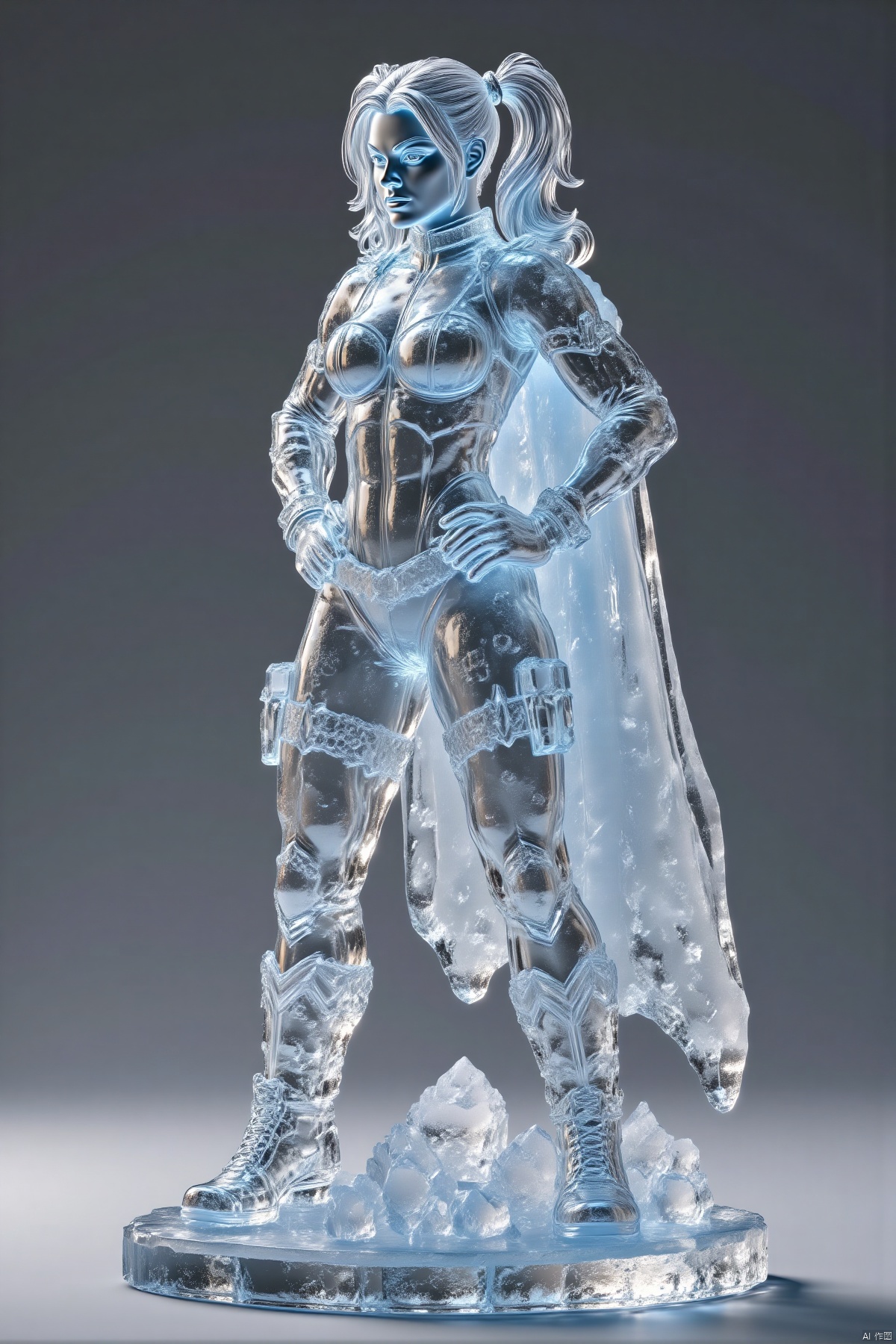 bingdiao,(best quality,4k,8k,highres,masterpiece:1.2),ultra-detailed,(realistic,photorealistic,photo-realistic:1.37),ice and crystal statue,Harley Quinn figurine,stands ground,gray background,cape flows,hands on hips,face turned side,looking off-frame,shiny surface,frosty texture,detailed cape,defined muscles,serious expression,strong jawline,beautiful detailed eyes,beautiful detailed lips,extremely detailed eyes and face,long eyelashes,crystal clear details,sharp focus,studio lighting,physically-based rendering,extreme detail description,professional,vivid colors,cool tones,soft shadows,highlighted edges,ice sculpture,crystal art,heroic pose,comic book style,modern art,sculpture,translucent,glittering,reflections,icy atmosphere,subtle gradients,high contrast,smooth transitions