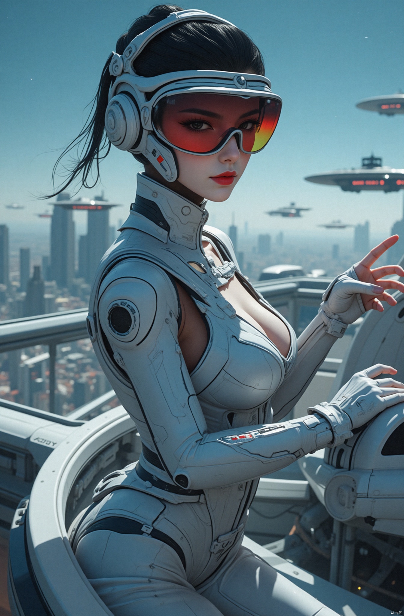 Chinese aesthetics, Full figure, big breast,perfect five fingers, high-definition details, skin texture, realistic background,Natural lighting, 4K high-definition
Masterpiece, best quality, a sexy female soldier, wearing a silver tight combat uniform and high-tech goggles, is standing on a futuristic hover car, touching the control panel with her finger, ready to set off. The tight-fitting combat uniform reflects her sci-fi and avant-garde look. Her eyes are calm and wise, as if she is exploring the future world. The suspended cars, high-tech cities and bright starry sky in the background together form a sci-fi exploration journey.
