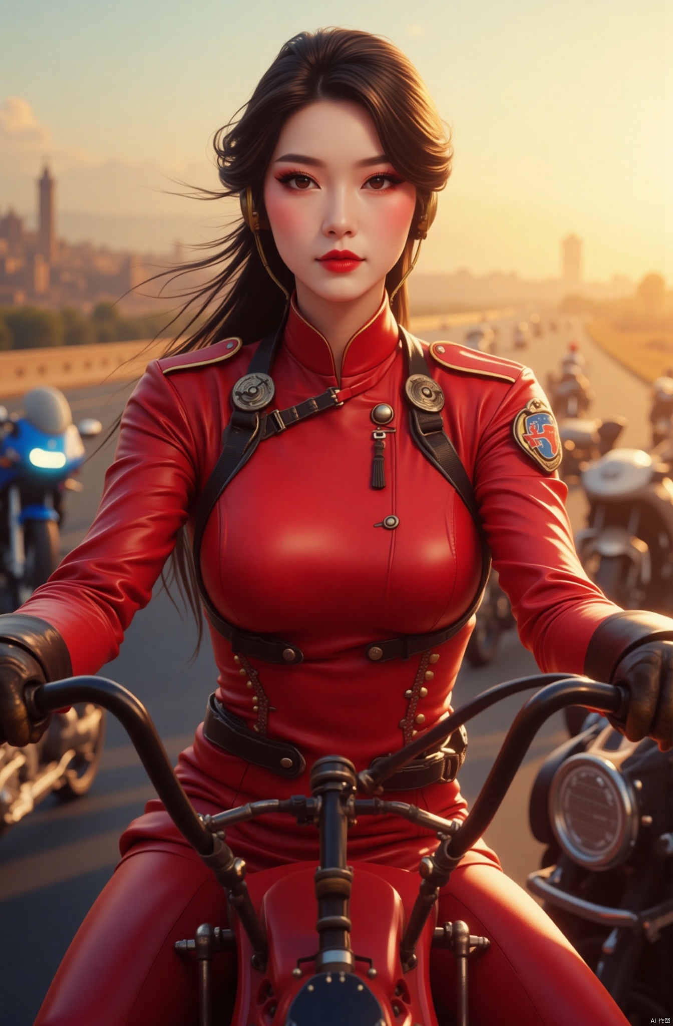 Chinese aesthetics, Full figure, big breast,perfect five fingers, high-definition details, skin texture, realistic background,Natural lighting, 4K high-definition
Masterpiece, best quality, a sexy female soldier, wearing a red tight combat uniform and a communication headset, is sitting on a high-speed motorcycle, holding the handles with both hands, ready to go. The tight-fitting combat uniform outlines her graceful figure, revealing strength and speed. Her gaze is firm and resolute, as if she is about to conquer the endless road ahead. The motorcycles in the background, the winding roads and the city outline under the setting sun together paint a picture of a burning passion.