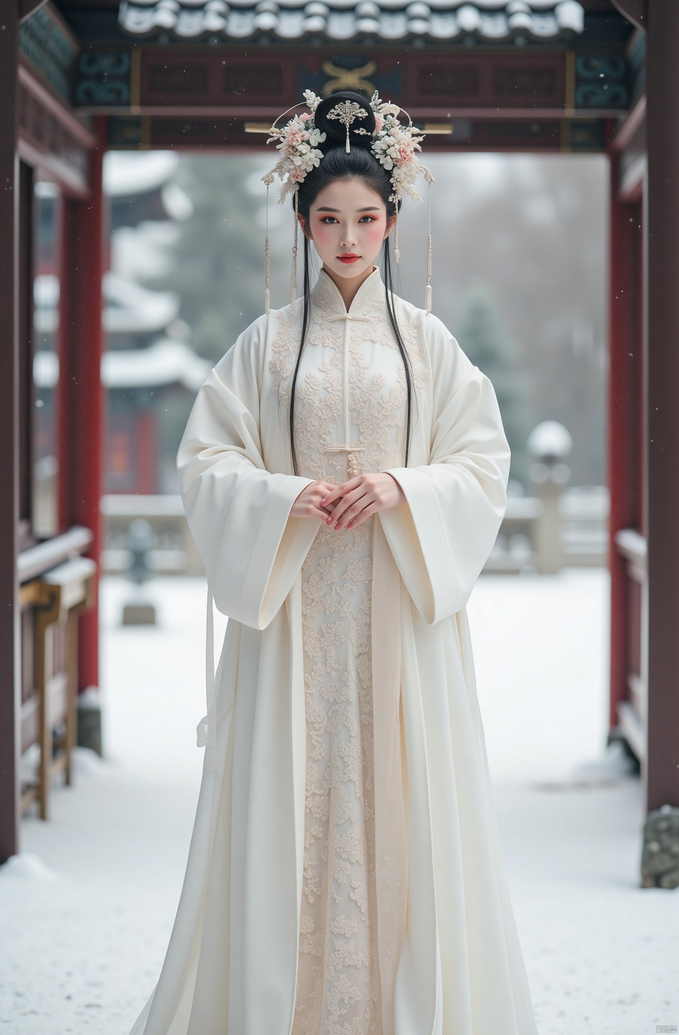 Chinese aesthetics, Full figure, big breast,perfect five fingers, high-definition details, skin texture, realistic background,Natural lighting, 4K high-definition
 a woman dressed in a white ornate and complicated Chinese dress, wearing delicate hair ornaments, standing in a snowy and ancient pavilion, serene and composed with a touch of purity, hands clasped in front of the chest, in a snowy and bright environment, the overall creation of a pure and elegant and traditional oriental aesthetic meaning, good hands.