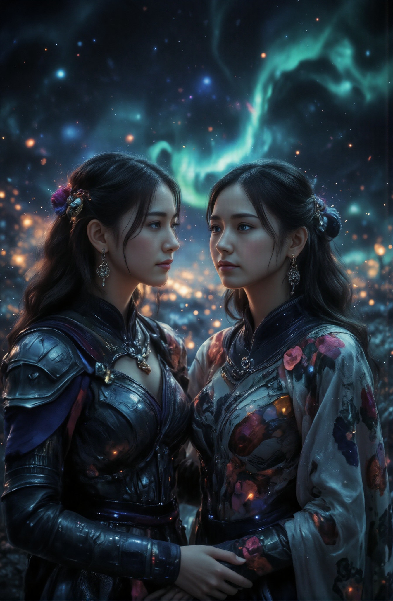 Score_9,  under the aurora night of farewell,  two women are about to break up. Under the aurora on Tensor.Art