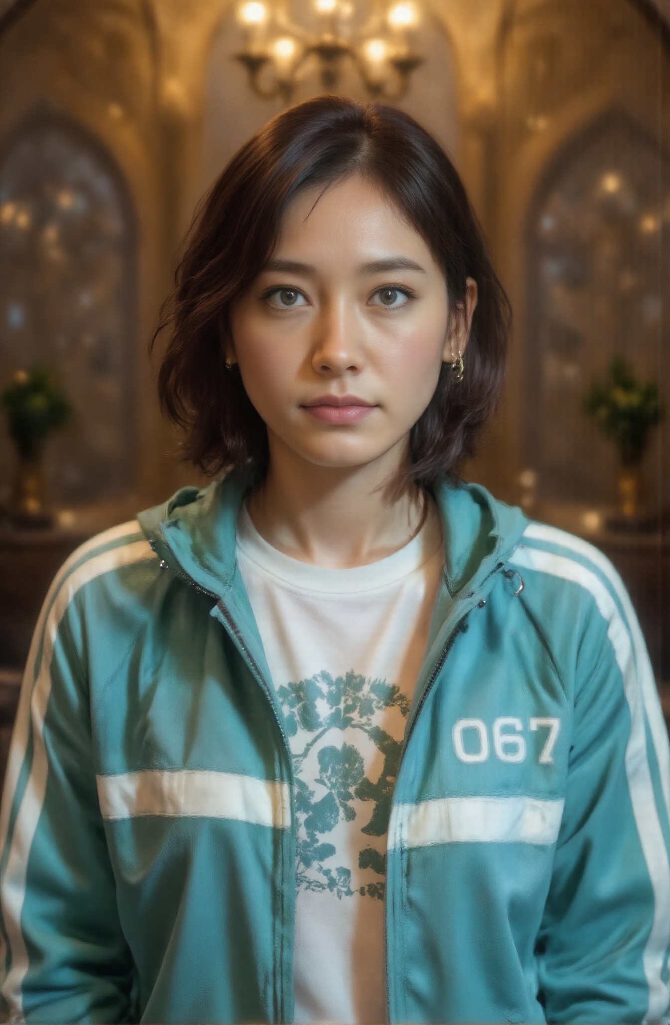 The woman is wearing a light green and white striped sportswear jacket. The zipper of the jacket is not fully pulled up (t...