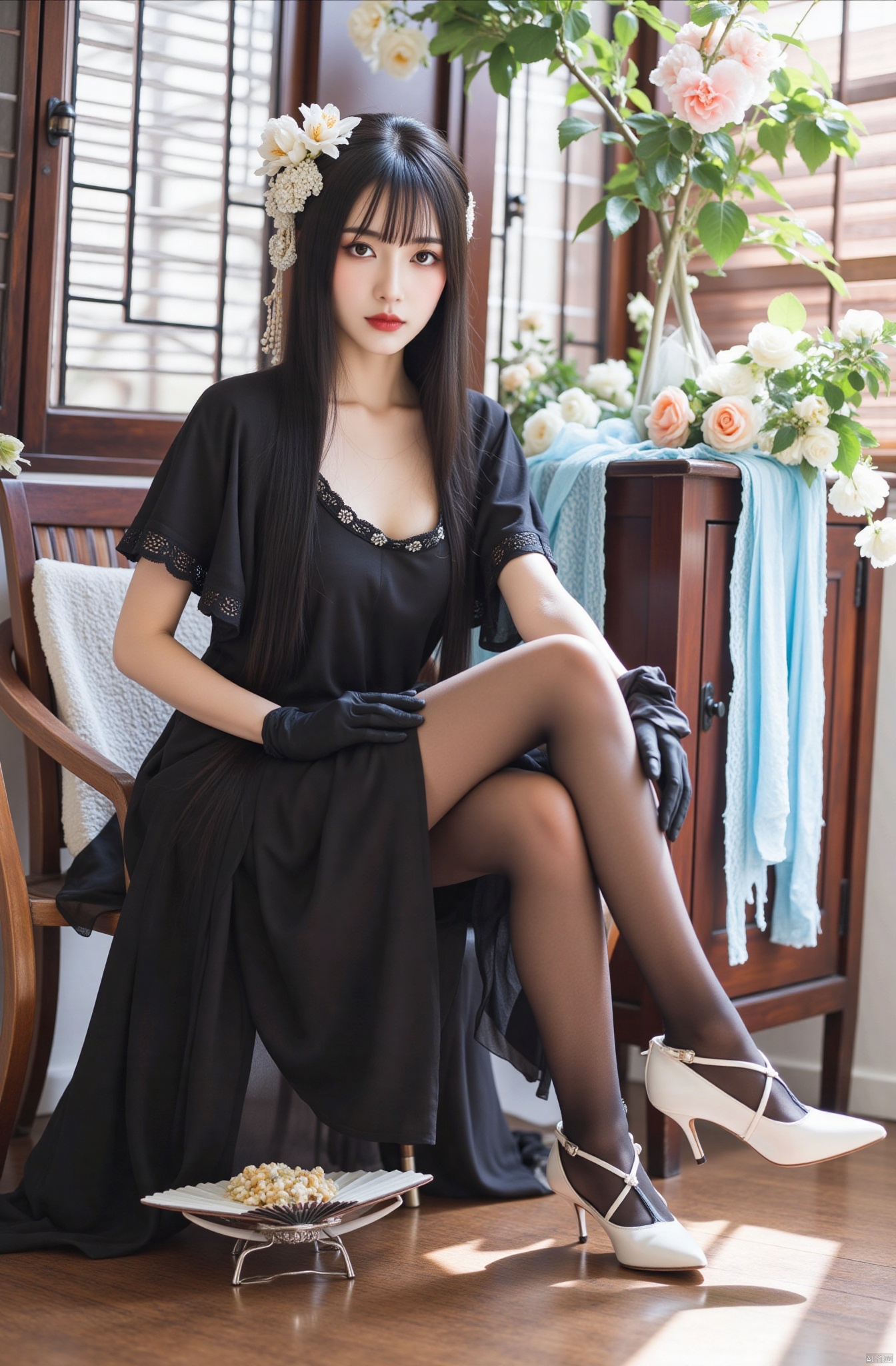 Chinese aesthetics, Full figure, perfect five fingers, high-definition details, skin texture, realistic
1girl, flower, dress, solo, hair flower, black hair, hair ornament, long hair, high heels, breasts, blinds, indoors, holding, black dress, sitting, cleavage, window, bangs, white footwear, knee up, looking at viewer, full body, china dress, gloves, white flower, cabinet, lace trim, realistic, short sleeves, medium breasts, pantyhose, red lips, black gloves, shoes, lace, chinese clothes, hand fan, blue flower, feather boa, knife, closed mouth, brown eyes, jewelry, see-through, blue ribbon, sunlight