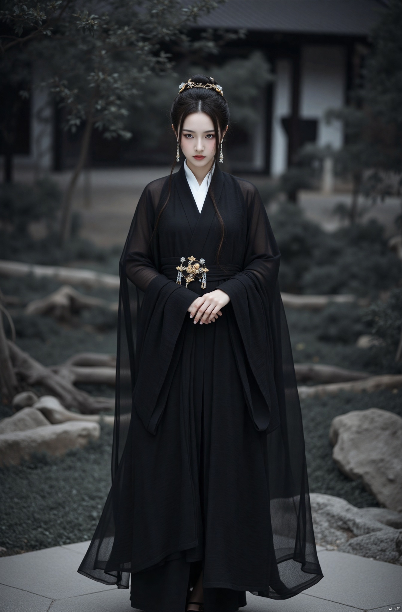 Chinese aesthetics, Full figure, perfect five fingers, high-definition details, skin texture, realistic
a woman dressed in a black ornate and complicated Chinese dress, wearing exquisite hair ornaments, standing in a simple and solemn temple or palace environment, introverted and calm with a hint of coldness, hands clasped in front of the chest, in a gloomy and grey environment, the overall creation of a solemn and elegant and mysterious oriental aesthetic meaning, good hands.