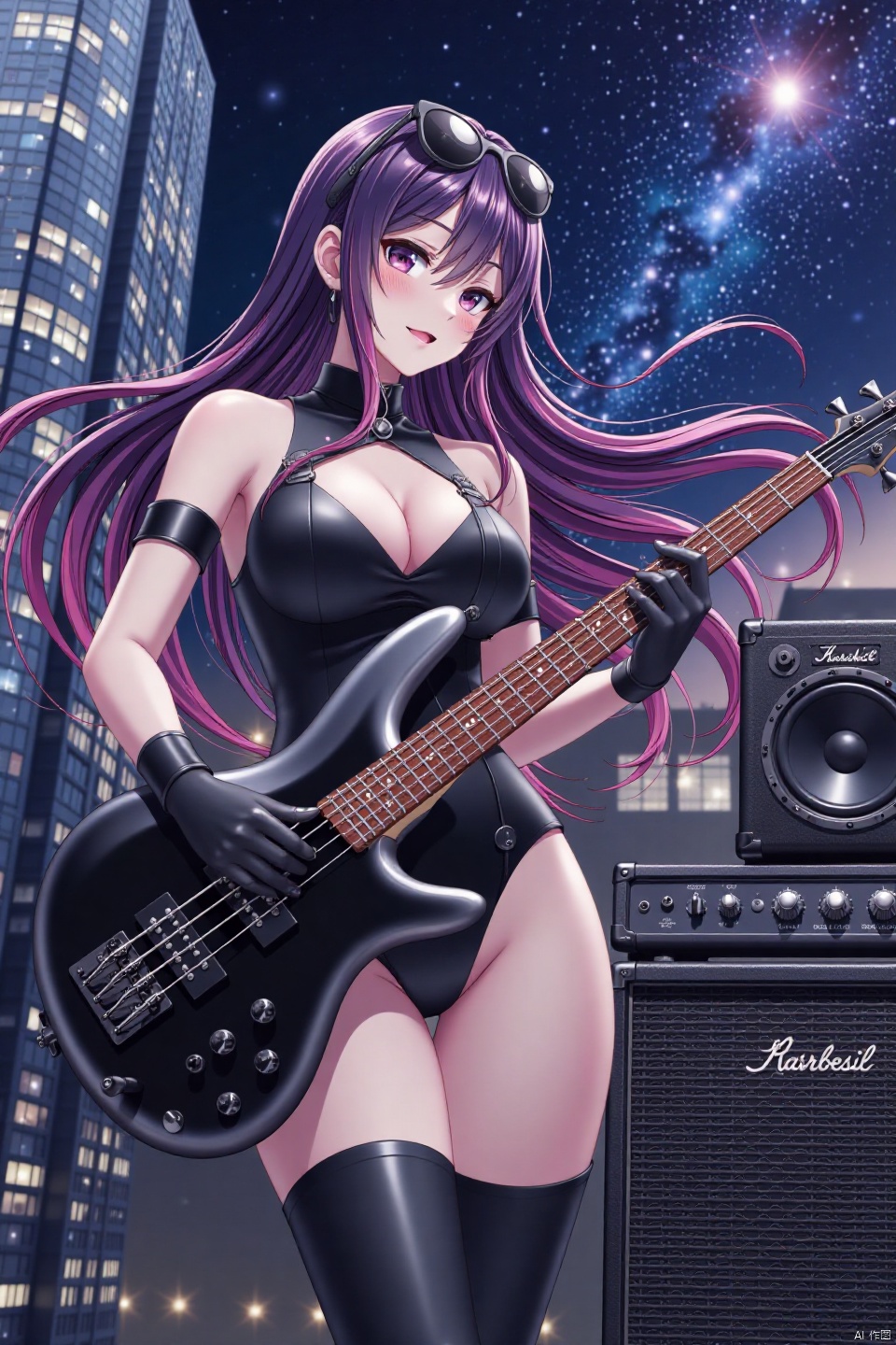  in dynamic angle A breathtaking flat-colored anime screencap showcases in a captivating big-breasted cougar,embodying the harmonious blend of artistry and sensuality.The dynamic-pose finds her donning a punk-inspired highleg leather leotard, leather thighboots,eargear,sunglasses above head,and elbow-length gloves,with flowing multicolored streaked long hair framing the scene.As she plays a black bass guitar, swirling musical notation swirls around her. Amidst skyscraper with speaker,amplifier  and star-trail with galaxy backdrops, her expressive features radiate energy and artistic passion, drawing the viewer into the midst of her creative fervor.