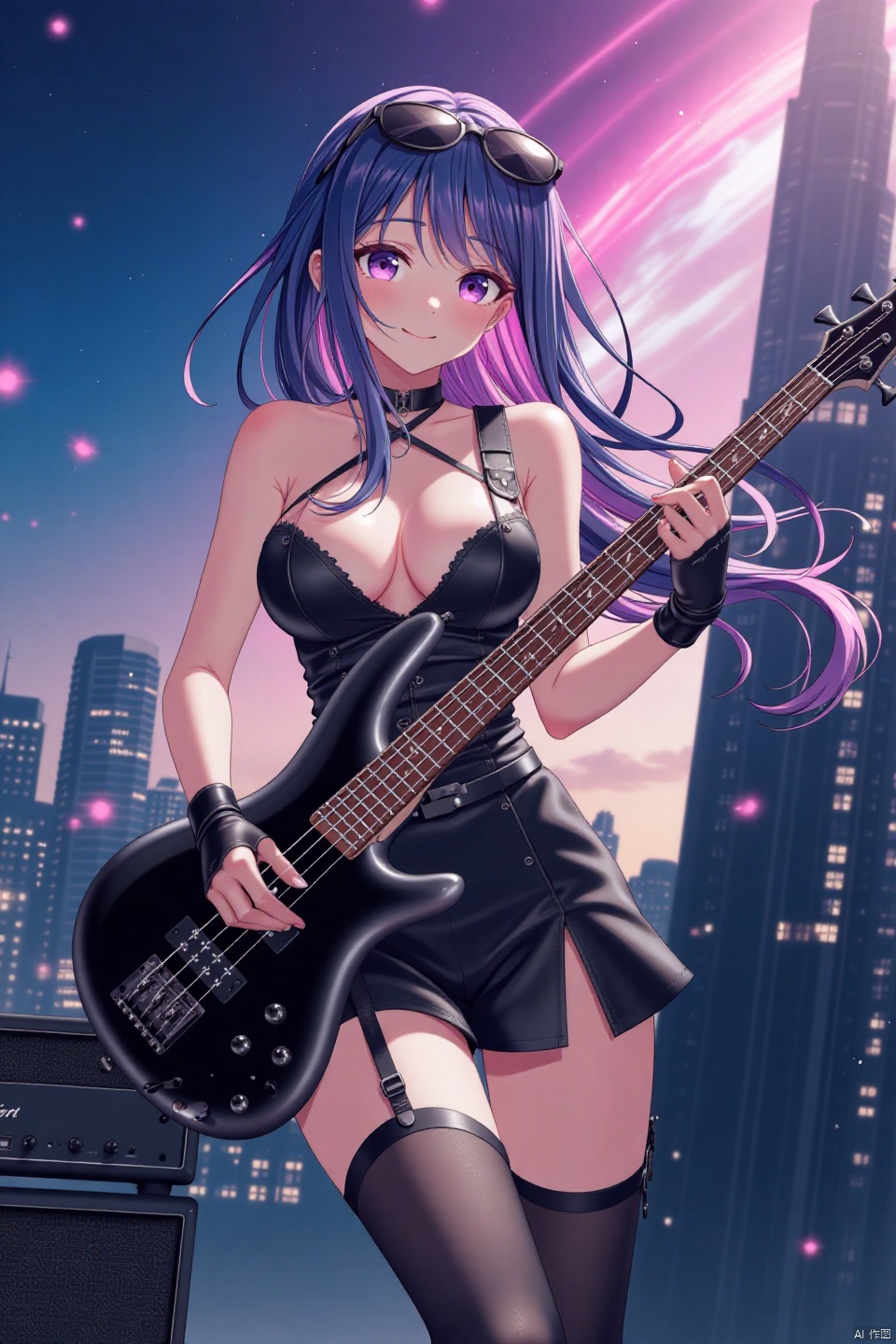  A breathtaking flat-colored anime screencap showcases in a captivating big-breasted woman,embodying the harmonious blend of artistry and sensuality.The dynamic-pose finds her rocks a provocative, leather revealing outfit that includes a black, strapless top with a plunging neckline, exposing a significant amount of cleavage and navel. The top is paired with a short, black skirt that flares out, revealing her slender legs adorned with black thigh-high stockings and black knee-high boots. She also wear eargear,sunglasses above head,and elbow-length gloves,with flowing multicolored streaked long hair framing the scene.As she plays a black bass guitar, swirling musical notation swirls around her. Amidst skyscraper with speaker,amplifier  and star-trail with galaxy backdrops, her expressive features radiate energy and artistic passion, drawing the viewer into the midst of her creative fervor.