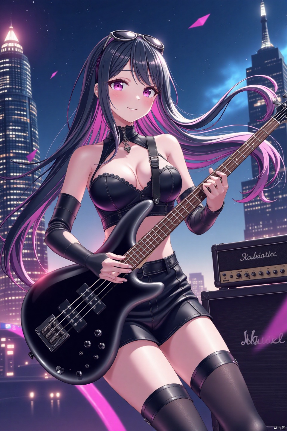  A breathtaking flat-colored anime screencap showcases in a captivating big-breasted woman,embodying the harmonious blend of artistry and sensuality.The dynamic-pose finds her rocks a provocative, leather revealing outfit that includes a black, strapless top with a plunging neckline, exposing a significant amount of cleavage and navel. The top is paired with a short, black skirt that flares out, revealing her slender legs adorned with black thigh-high stockings and black knee-high boots. She also wear eargear,sunglasses above head,and elbow-length gloves,with flowing multicolored streaked long hair framing the scene.As she plays a black bass guitar, swirling musical notation swirls around her. Amidst skyscraper with speaker,amplifier  and star-trail with galaxy backdrops, her expressive features radiate energy and artistic passion, drawing the viewer into the midst of her creative fervor.