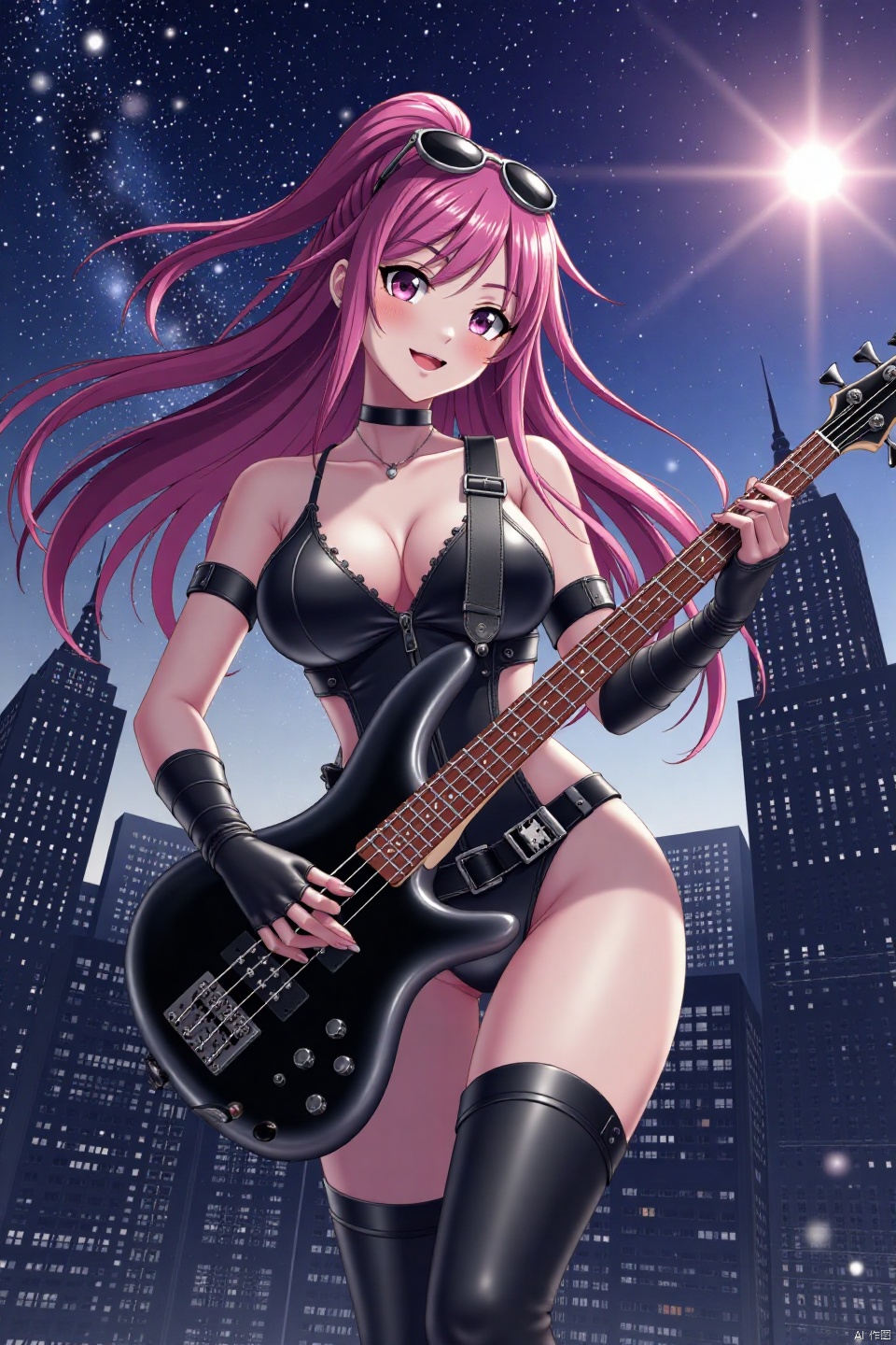  in dynamic angle A breathtaking flat-colored anime screencap showcases in a captivating big-breasted cougar,embodying the harmonious blend of artistry and sensuality.The dynamic-pose finds her donning a punk-inspired highleg leather leotard, leather thighboots,eargear,sunglasses above head,and elbow-length gloves,with flowing multicolored streaked long hair framing the scene.As she plays a black bass guitar, swirling musical notation swirls around her. Amidst skyscraper with speaker,amplifier  and star-trail with galaxy backdrops, her expressive features radiate energy and artistic passion, drawing the viewer into the midst of her creative fervor.