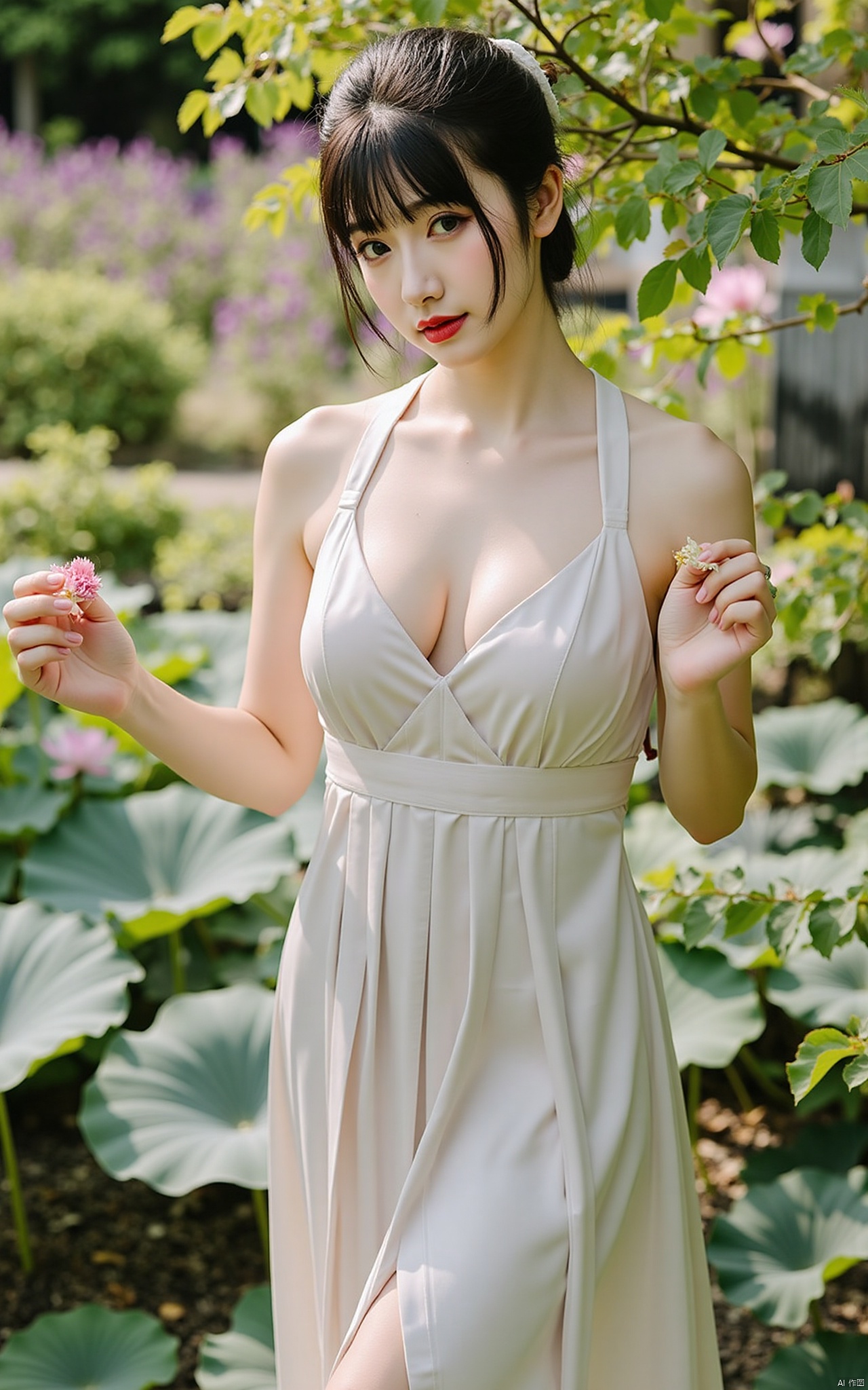  masterpiece,1girl,solo,black hair,(Standing by the lotus pond in the garden:1.3),(hanfu dress:1.3),black eyes,beautiful face,holding flower,looking at viewer,(huge breasts:2.59),(full breasts:1.99),XJKzhifu,Xtanghanfu,Xyunxiao,Xmengkeer,Xnalanyanran